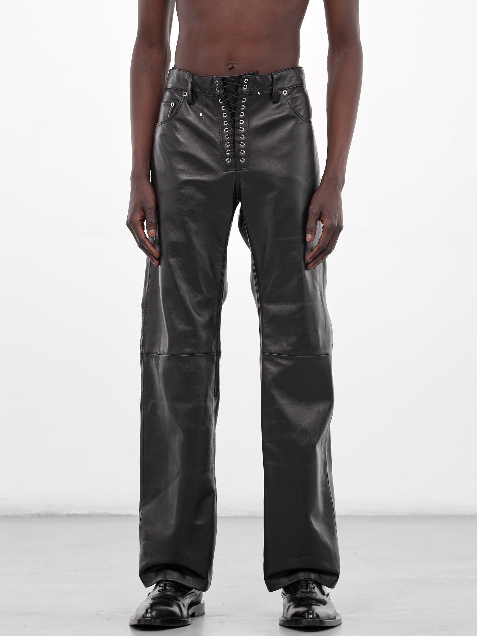 Black Leather Lace-Up Trousers (PT003-M-LEATHER-BLACK)