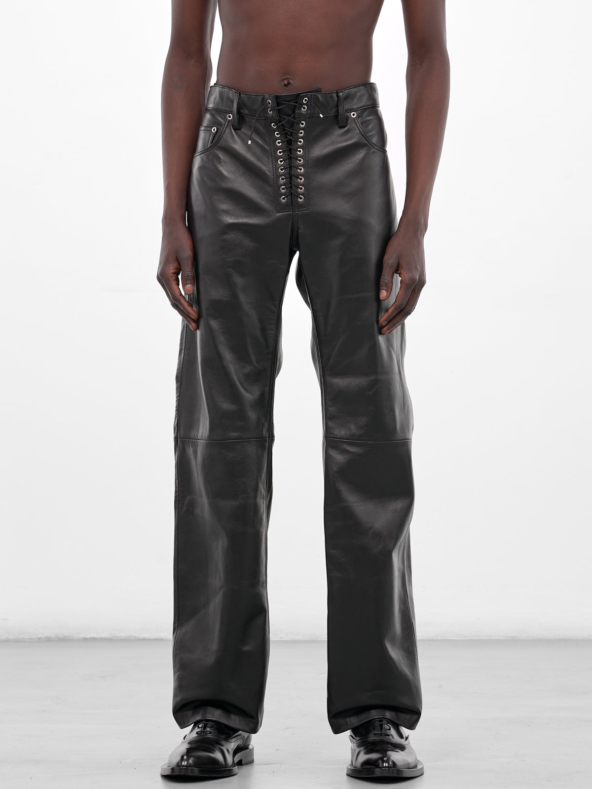 Black Leather Lace-Up Trousers (PT003-M-LEATHER-BLACK)