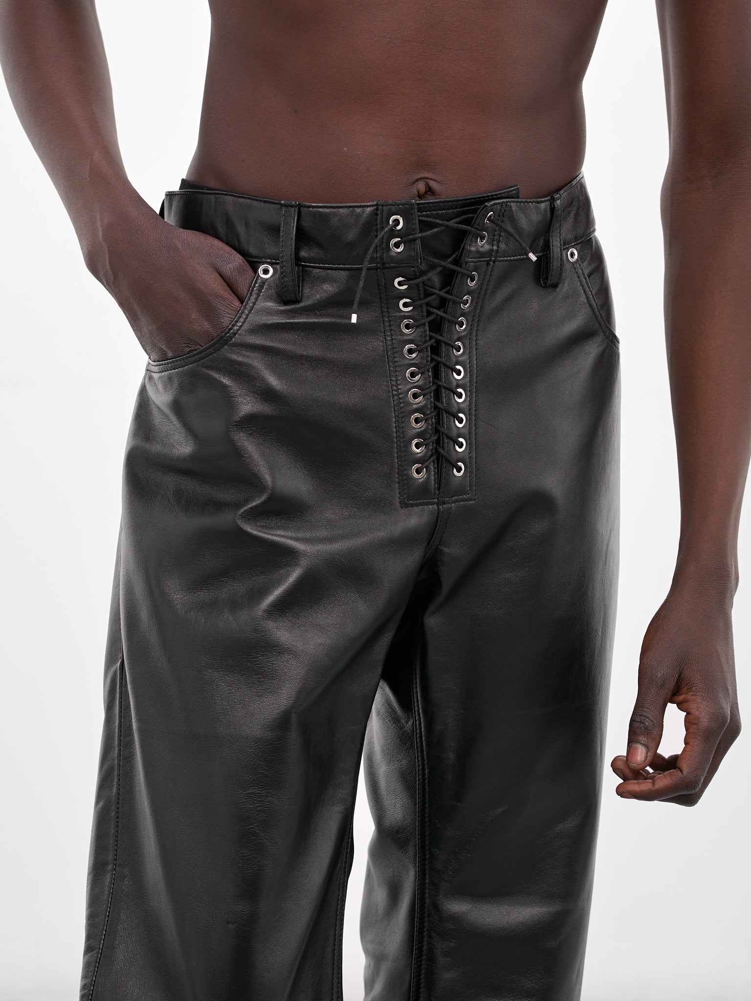 Black Leather Lace-Up Trousers (PT003-M-LEATHER-BLACK)