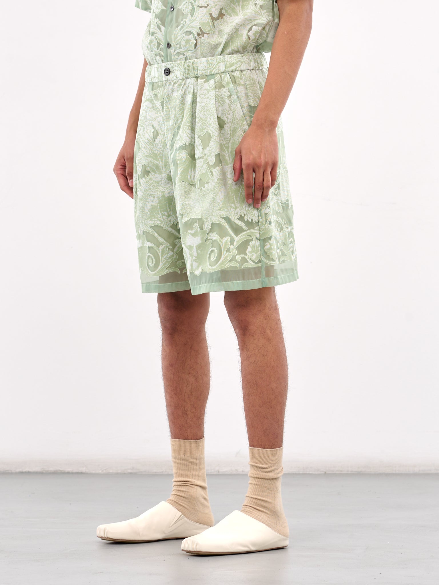 Sheer Printed Drawstring Shorts (PT037-GREEN)