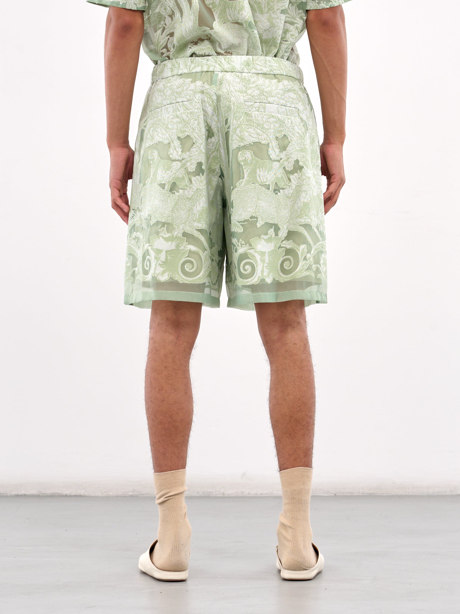 Sheer Printed Drawstring Shorts (PT037-GREEN)