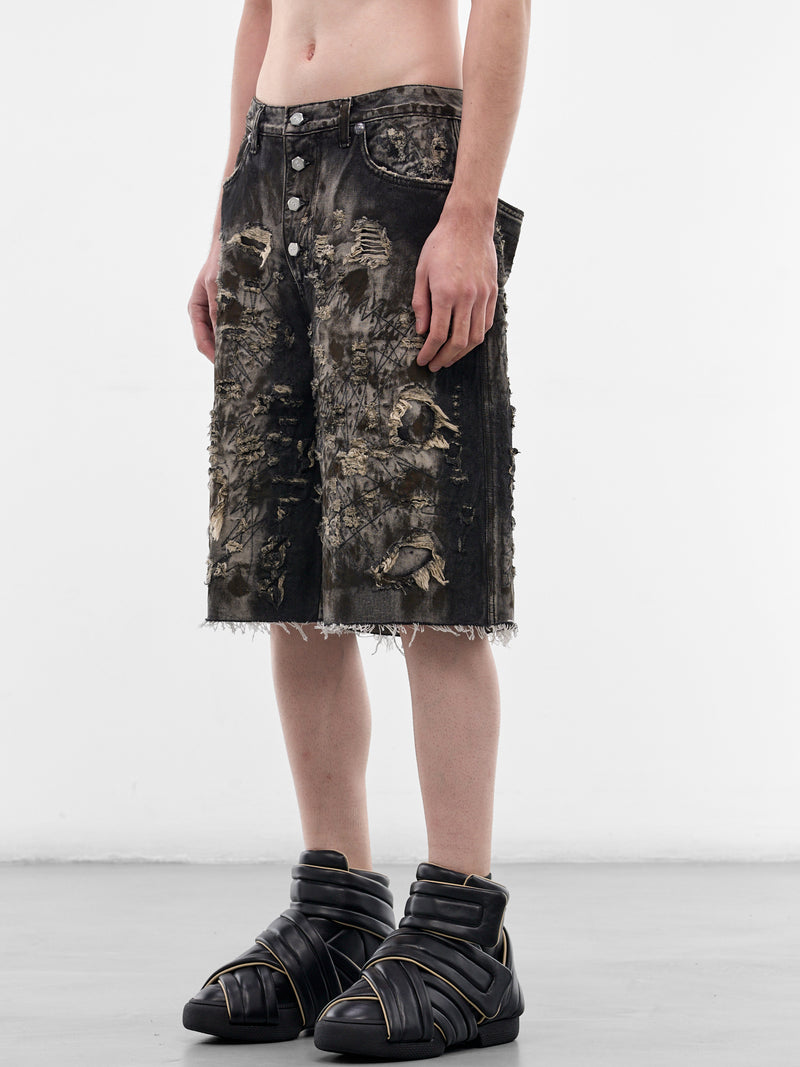 Hard Washed Destroyed Denim Shorts (PT1202-BLACK)