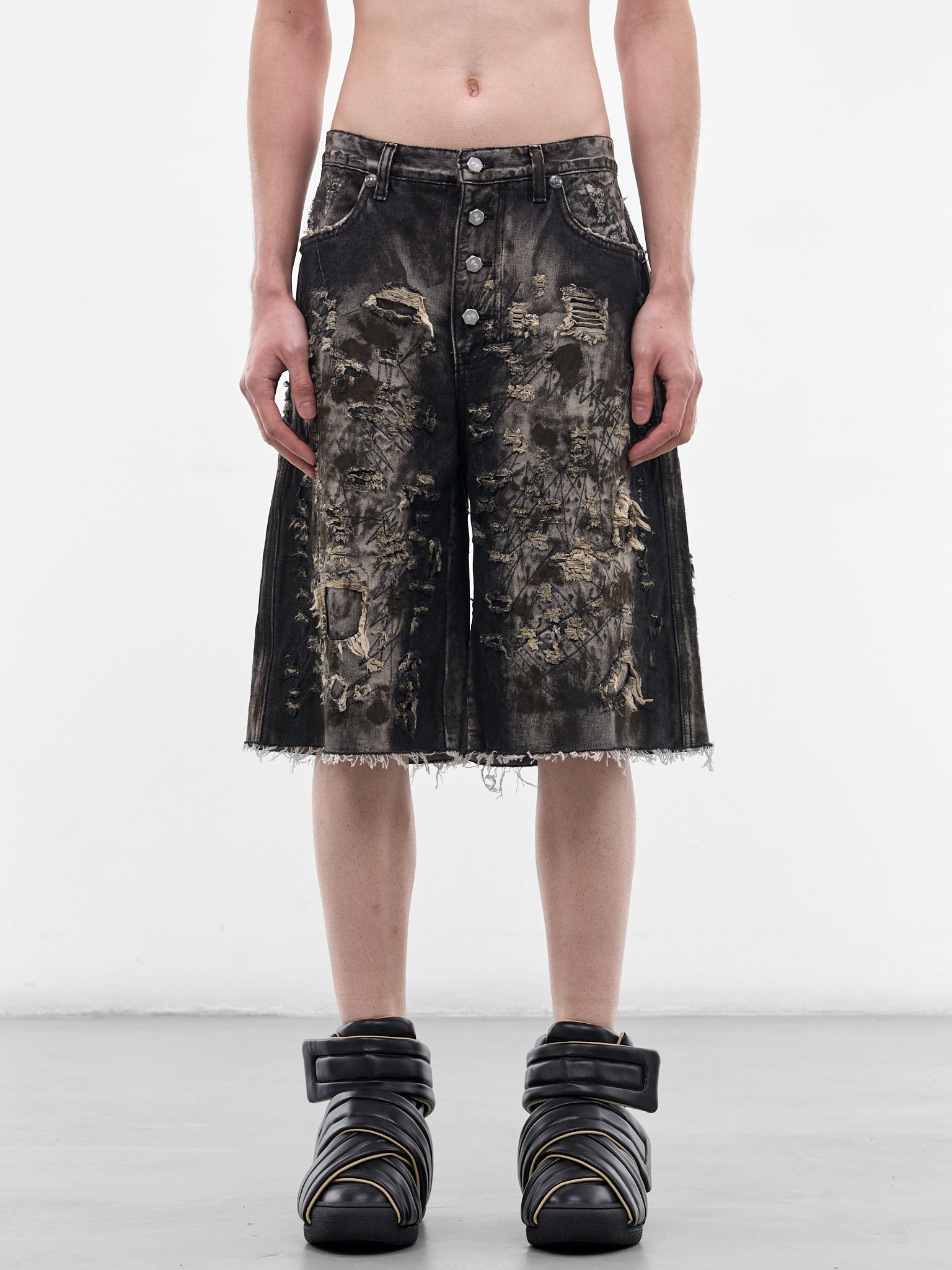 Hard Washed Destroyed Denim Shorts (PT1202-BLACK)