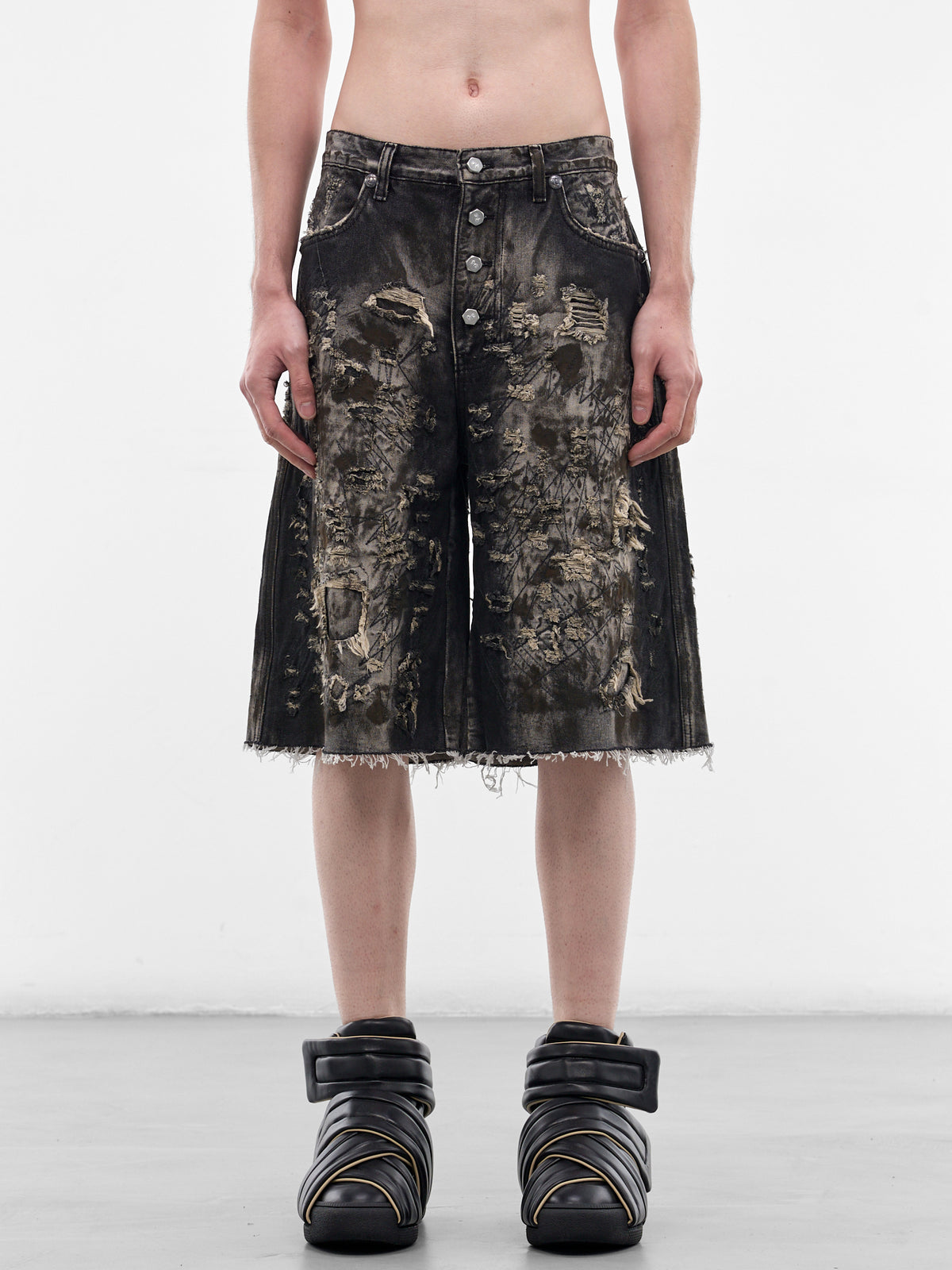 Hard Washed Destroyed Denim Shorts (PT1202-BLACK)