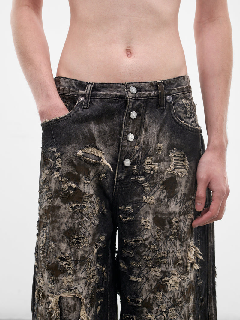 Hard Washed Destroyed Denim Shorts (PT1202-BLACK)
