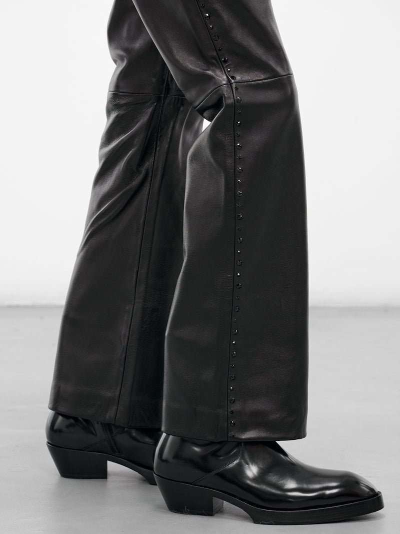 Black Leather Swarovski Flared Trousers (PT14LRP-LE62-BLACK-W-SWAROVSKI)