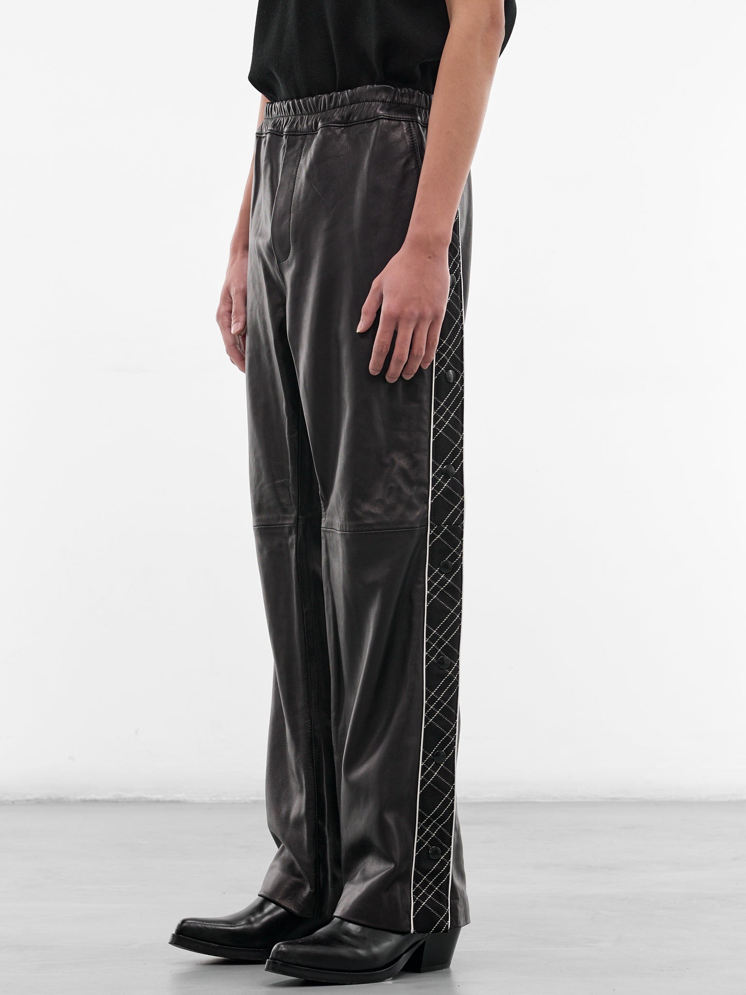 Black Leather & Wool Warm-Up Pants (PT37L-LE64-BLACK-CHECK)