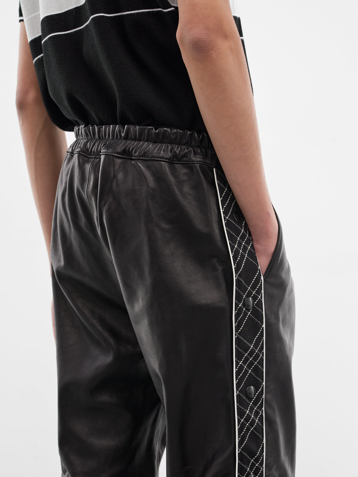 Black Leather & Wool Warm-Up Pants (PT37L-LE64-BLACK-CHECK)
