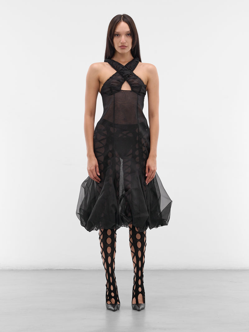 Black Silk Cross Puff Dress (PUFF-MIDI-CRISS-CROSS-BLACK)