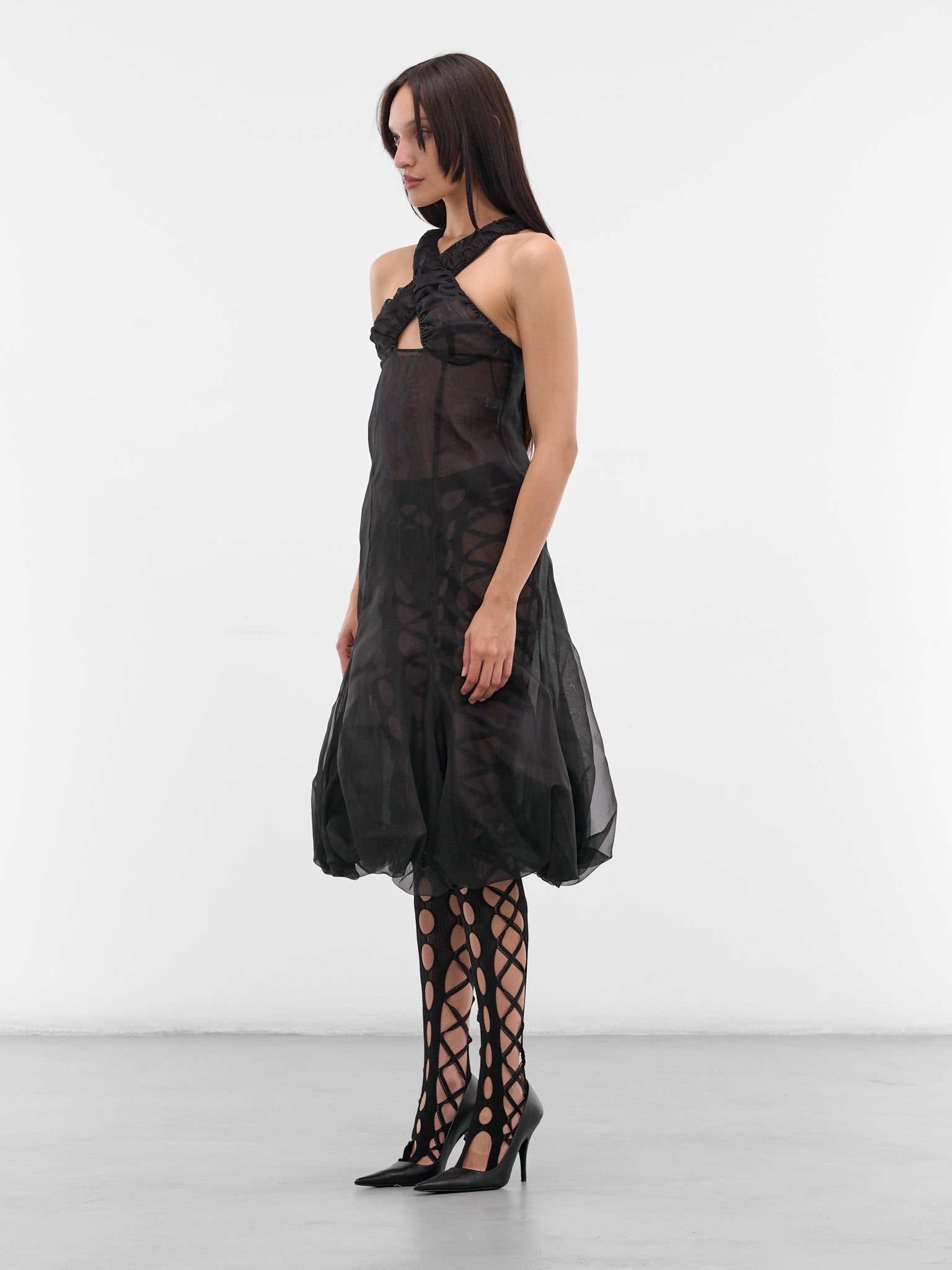 Black Silk Cross Puff Dress (PUFF-MIDI-CRISS-CROSS-BLACK)