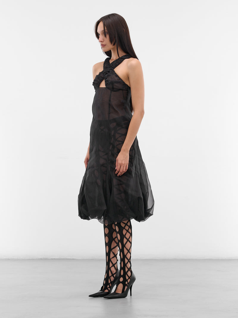 Black Silk Cross Puff Dress (PUFF-MIDI-CRISS-CROSS-BLACK)