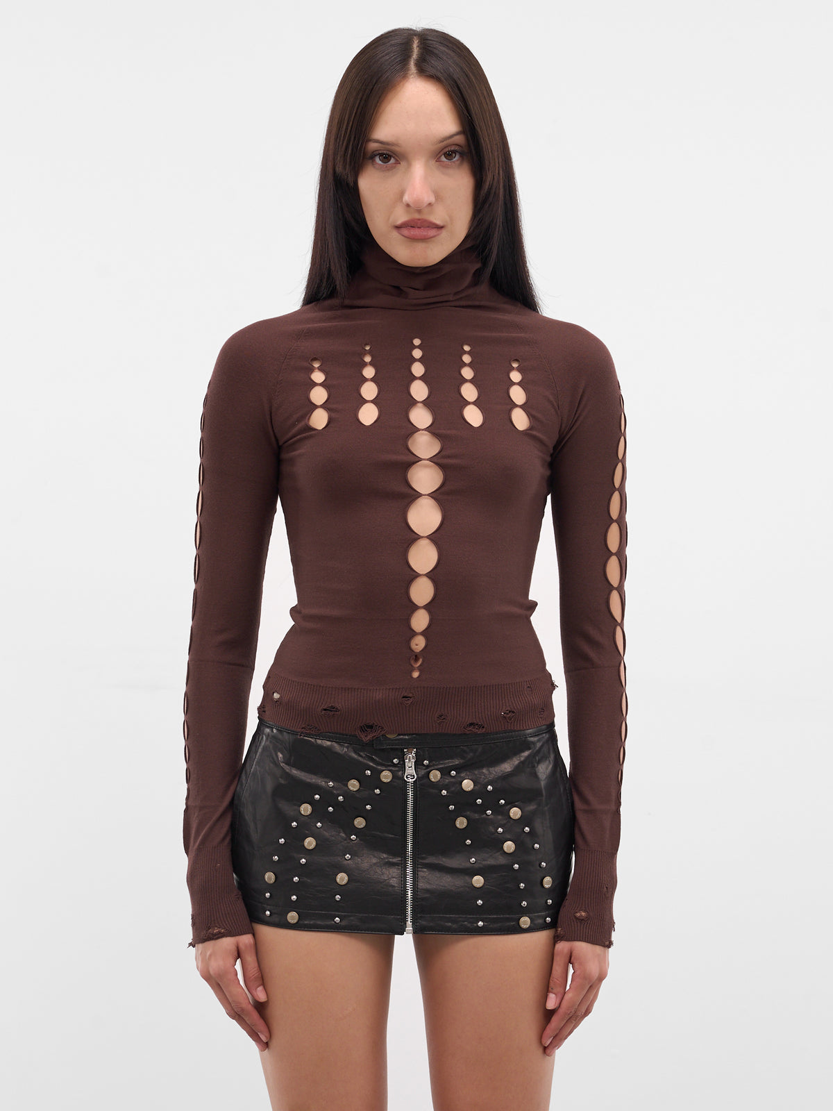 Chocolate Cut-Out Distressed Turtleneck (RAW25KN03C-CHOCOLATE)