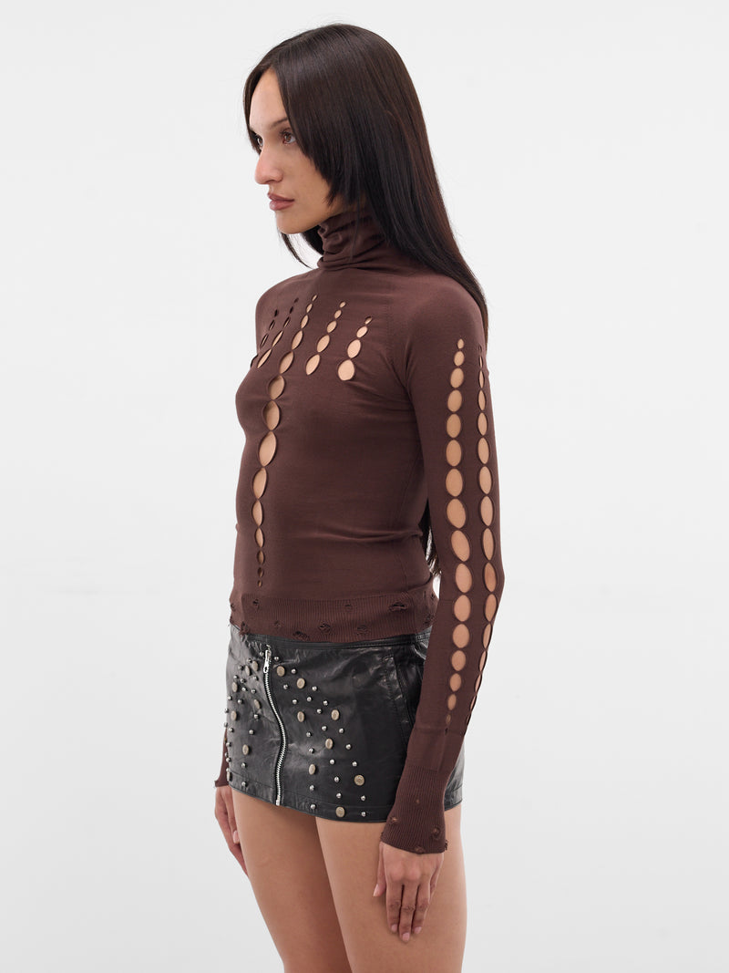 Chocolate Cut-Out Distressed Turtleneck (RAW25KN03C-CHOCOLATE)