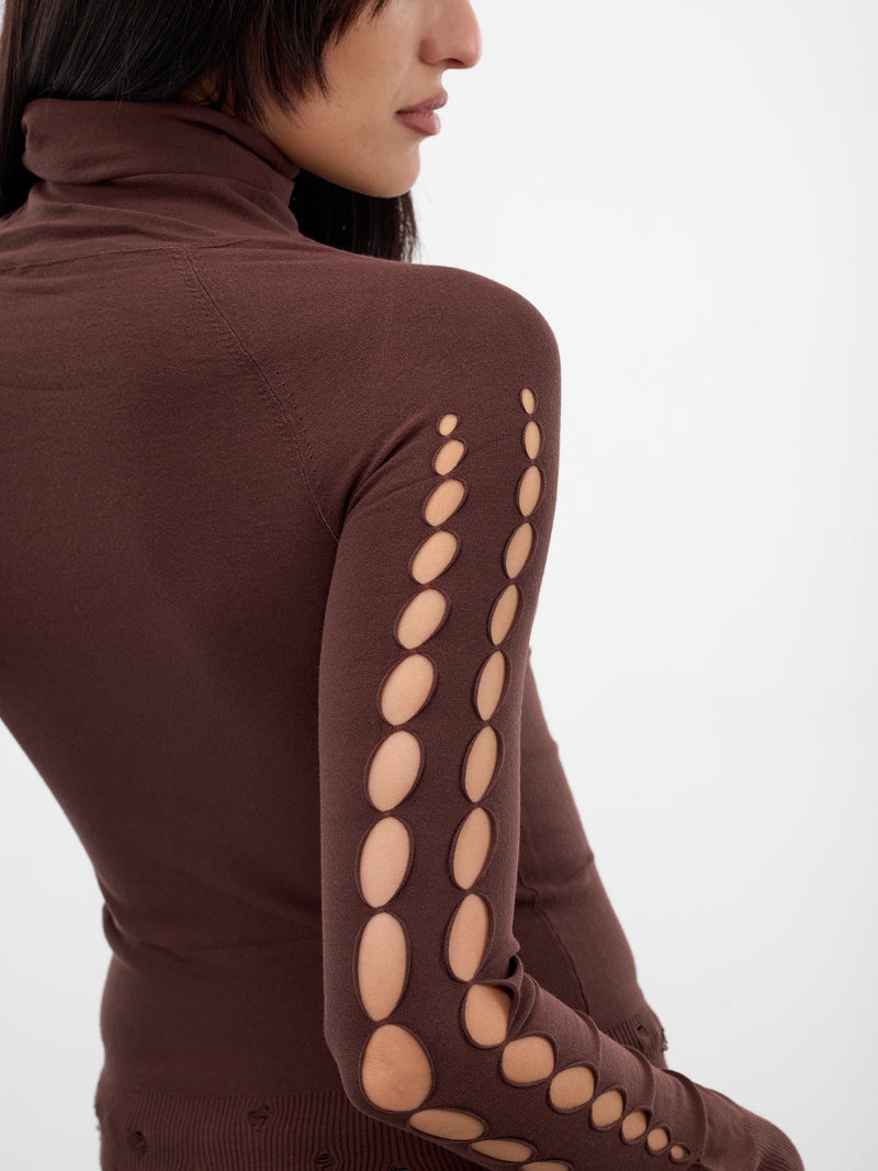 Chocolate Cut-Out Distressed Turtleneck (RAW25KN03C-CHOCOLATE)