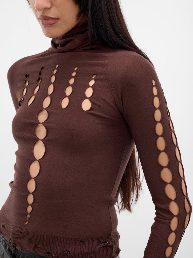 Chocolate Cut-Out Distressed Turtleneck (RAW25KN03C-CHOCOLATE)