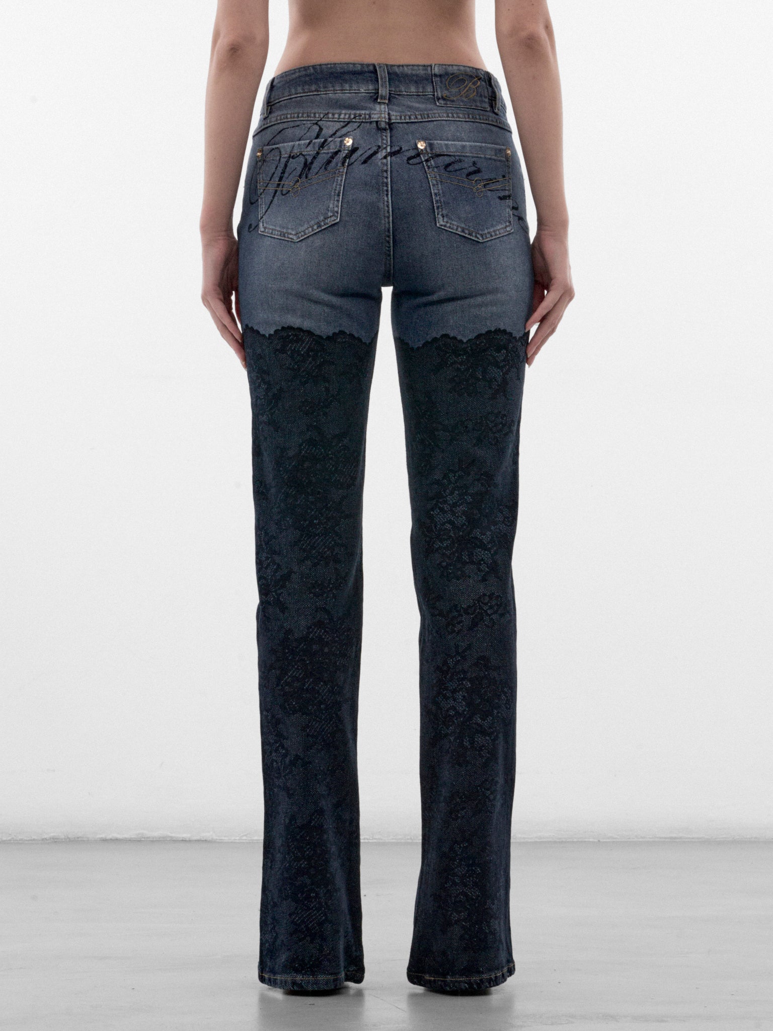 Blue Flared Lace & Denim Jeans (RF6018-D02US-DENIM-BLUE)