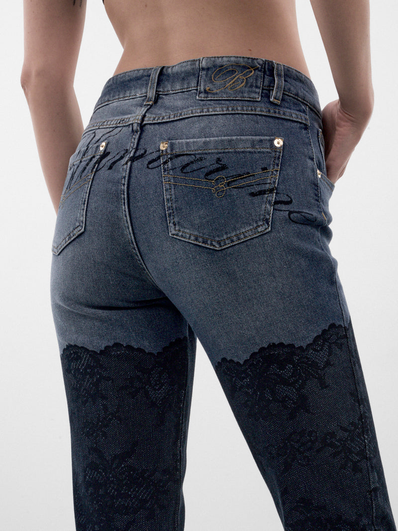 Blue Flared Lace & Denim Jeans (RF6018-D02US-DENIM-BLUE)