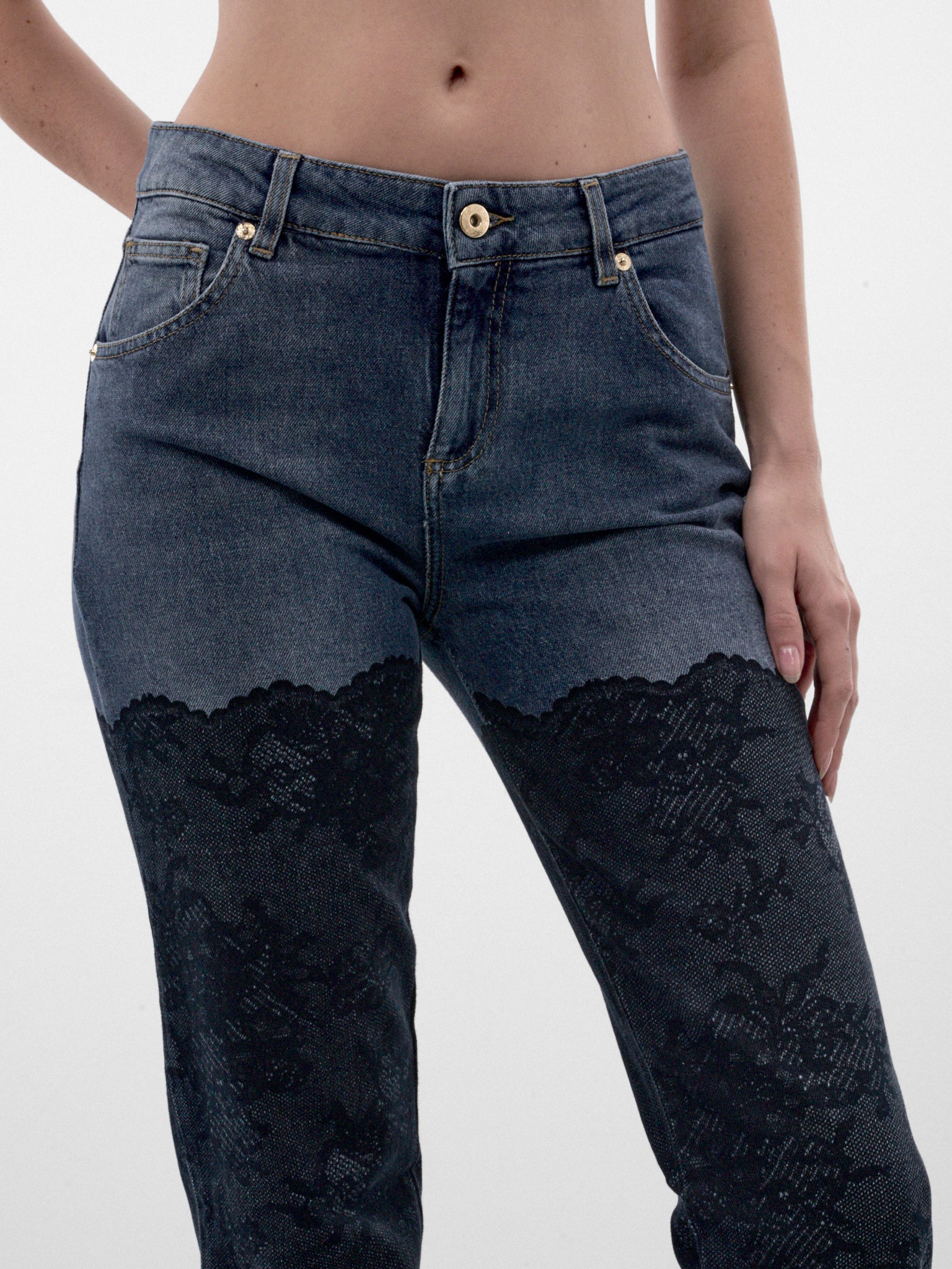 Blue Flared Lace & Denim Jeans (RF6018-D02US-DENIM-BLUE)