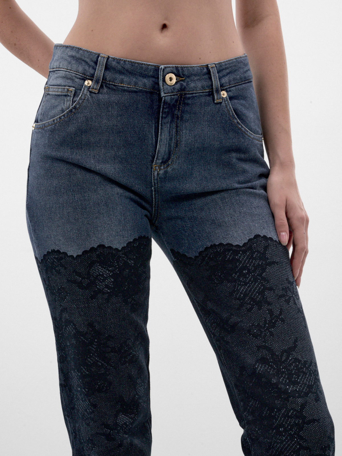 Blue Flared Lace & Denim Jeans (RF6018-D02US-DENIM-BLUE)