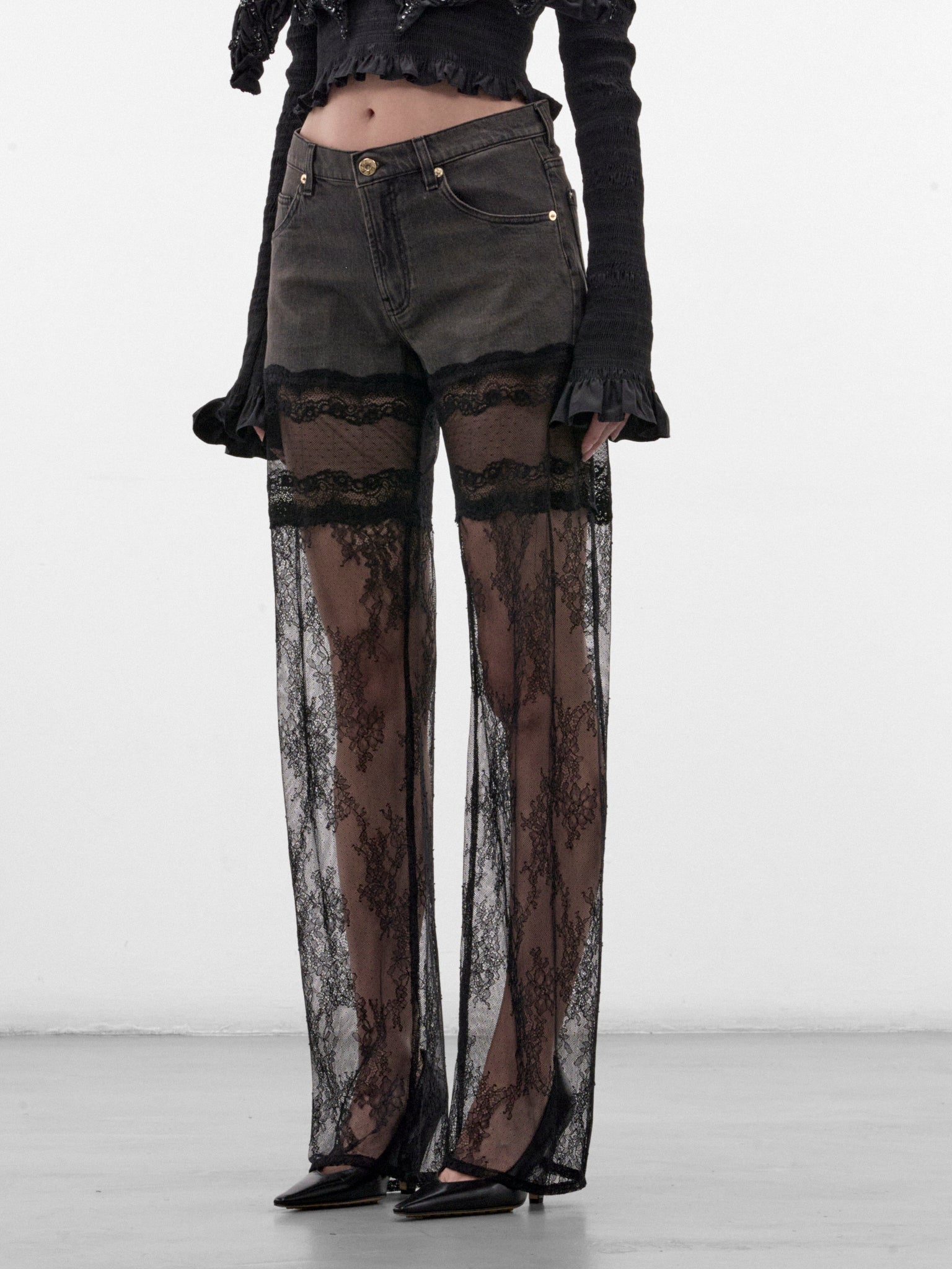 Gray Flared Lace & Denim Jeans (RF6020-D02US-GREY)