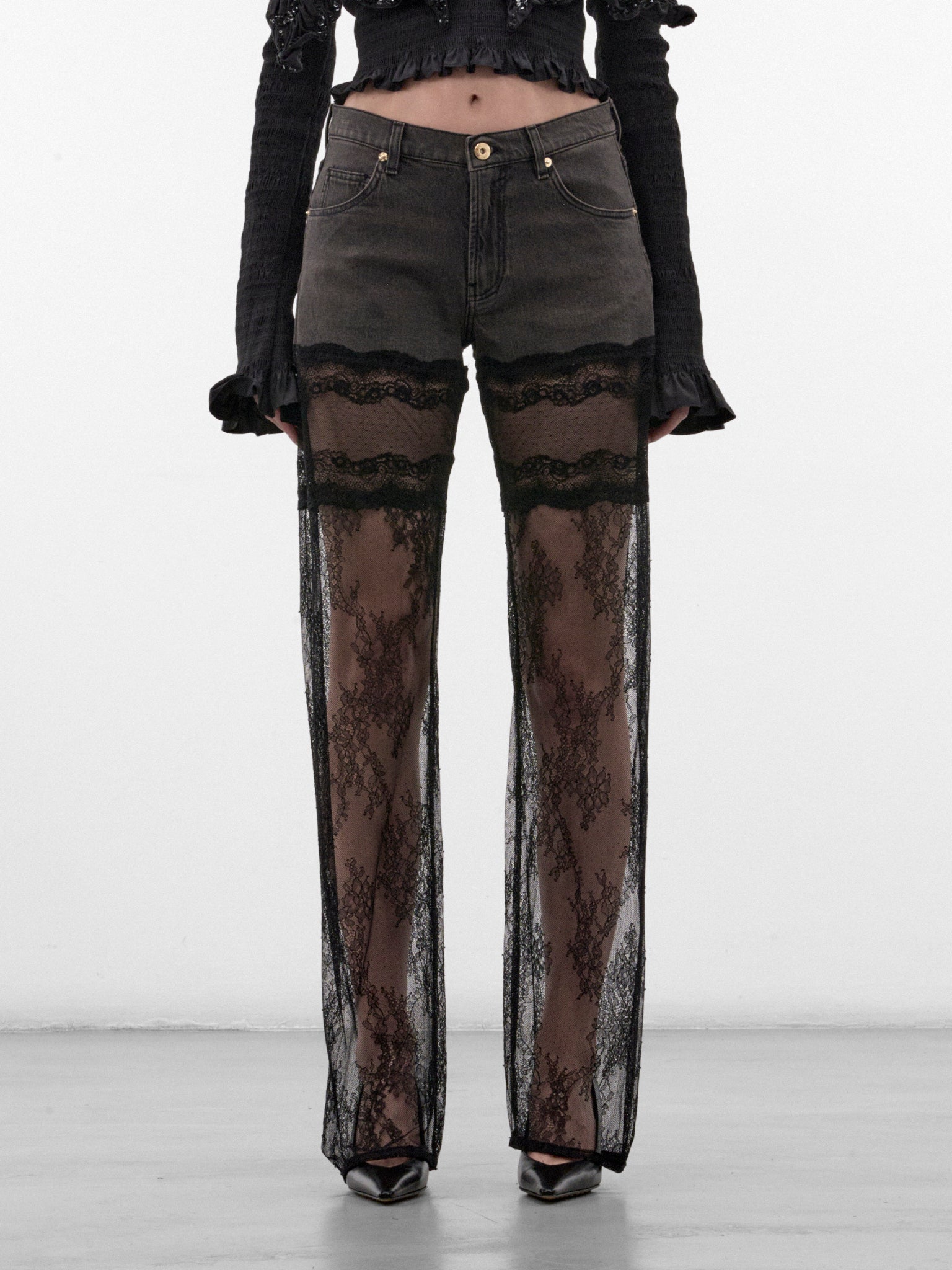 Gray Flared Lace & Denim Jeans (RF6020-D02US-GREY)
