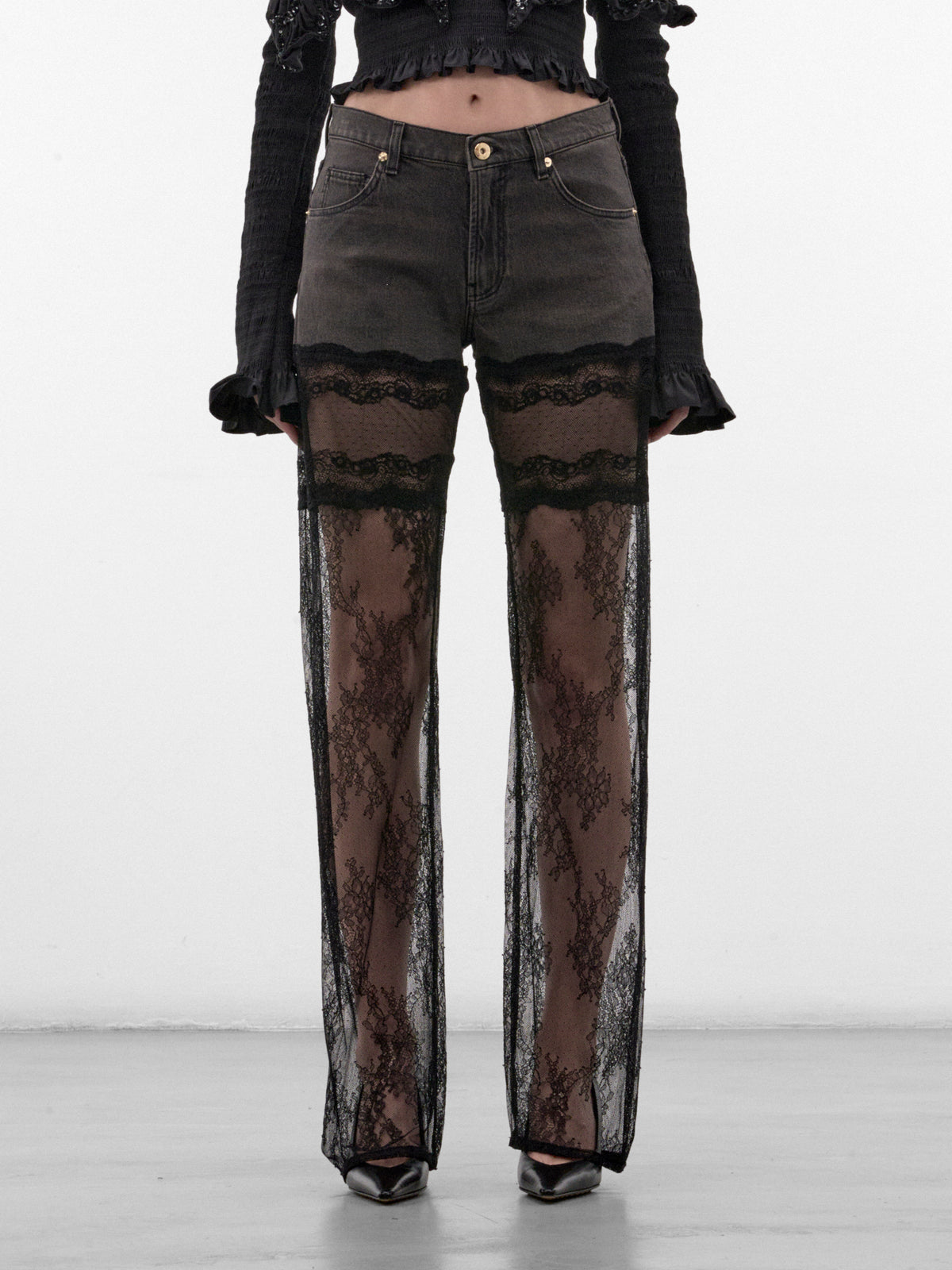 Gray Flared Lace & Denim Jeans (RF6020-D02US-GREY)