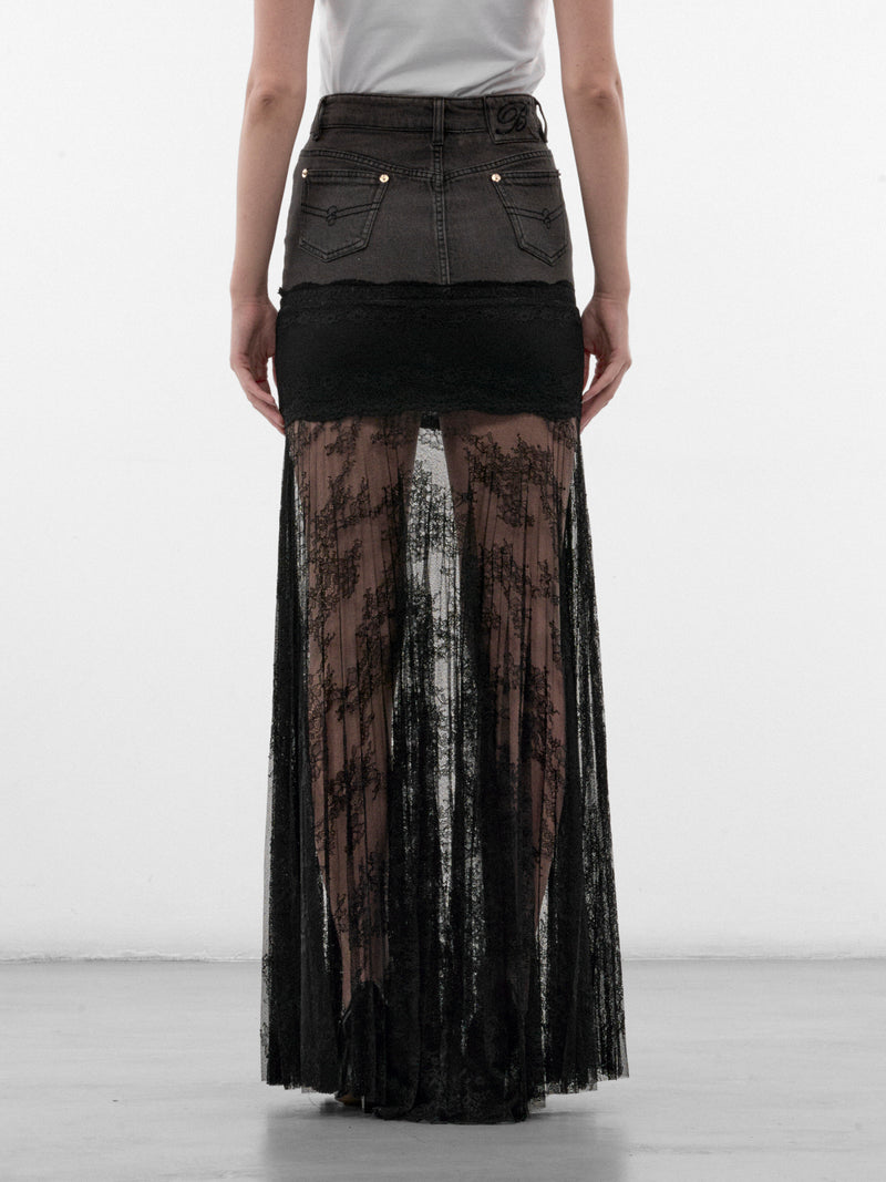 Gray Lace & Denim Maxi Skirt (RF6022-D02US-GREY)