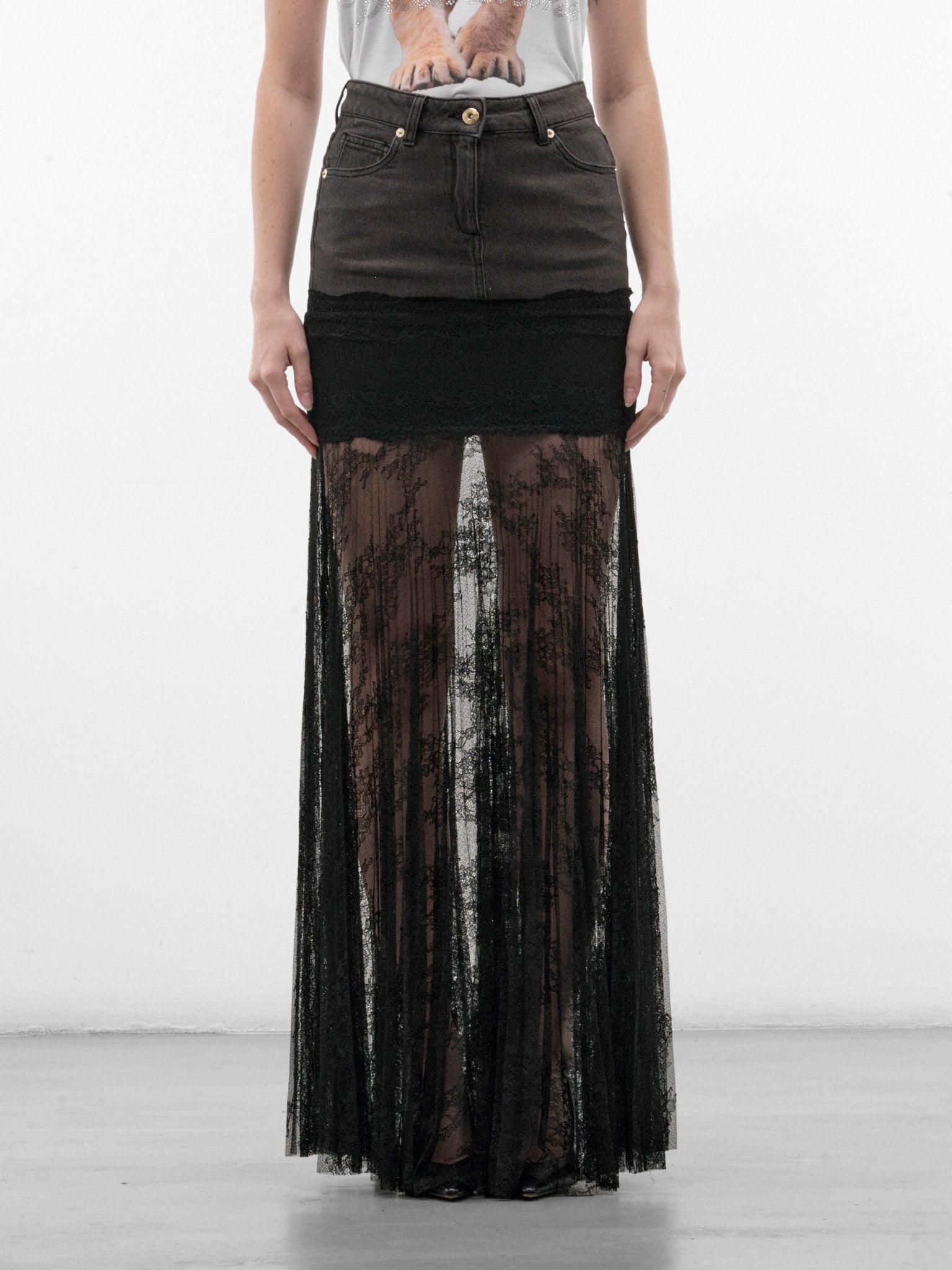 Gray Lace & Denim Maxi Skirt (RF6022-D02US-GREY)
