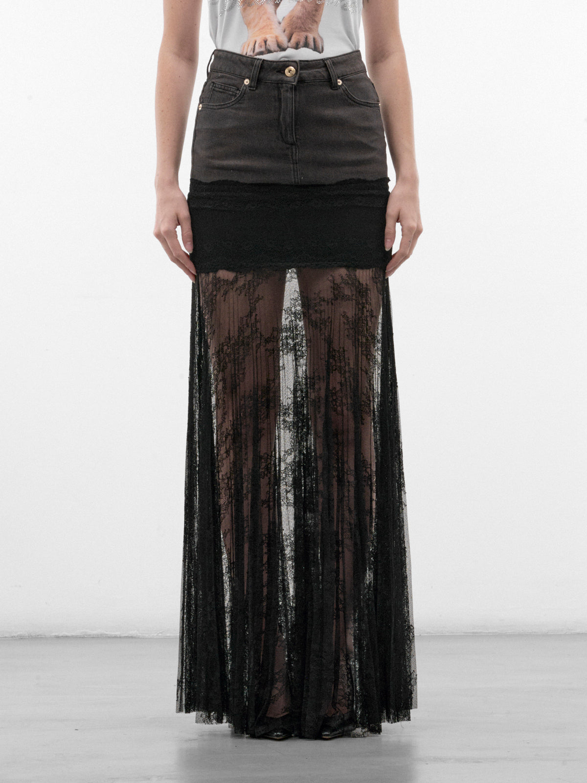 Gray Lace & Denim Maxi Skirt (RF6022-D02US-GREY)