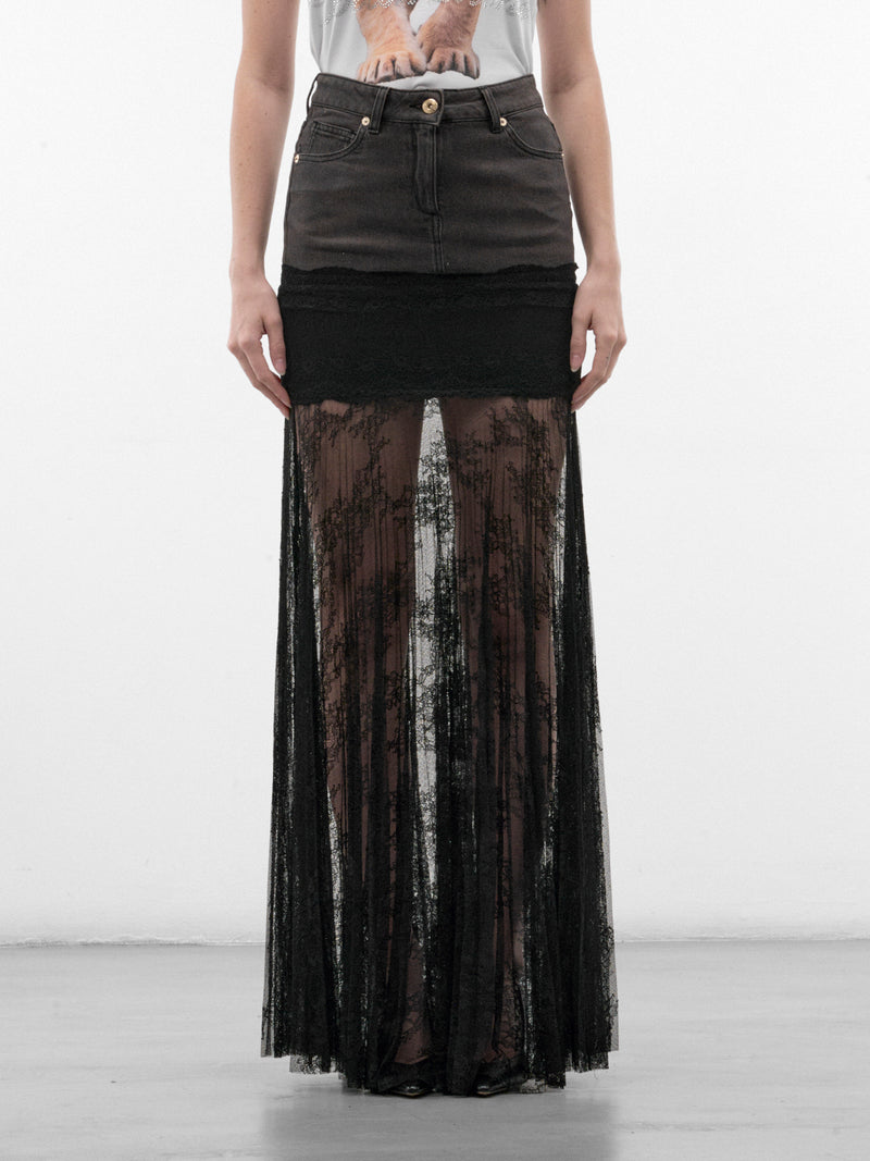 Gray Lace & Denim Maxi Skirt (RF6022-D02US-GREY)