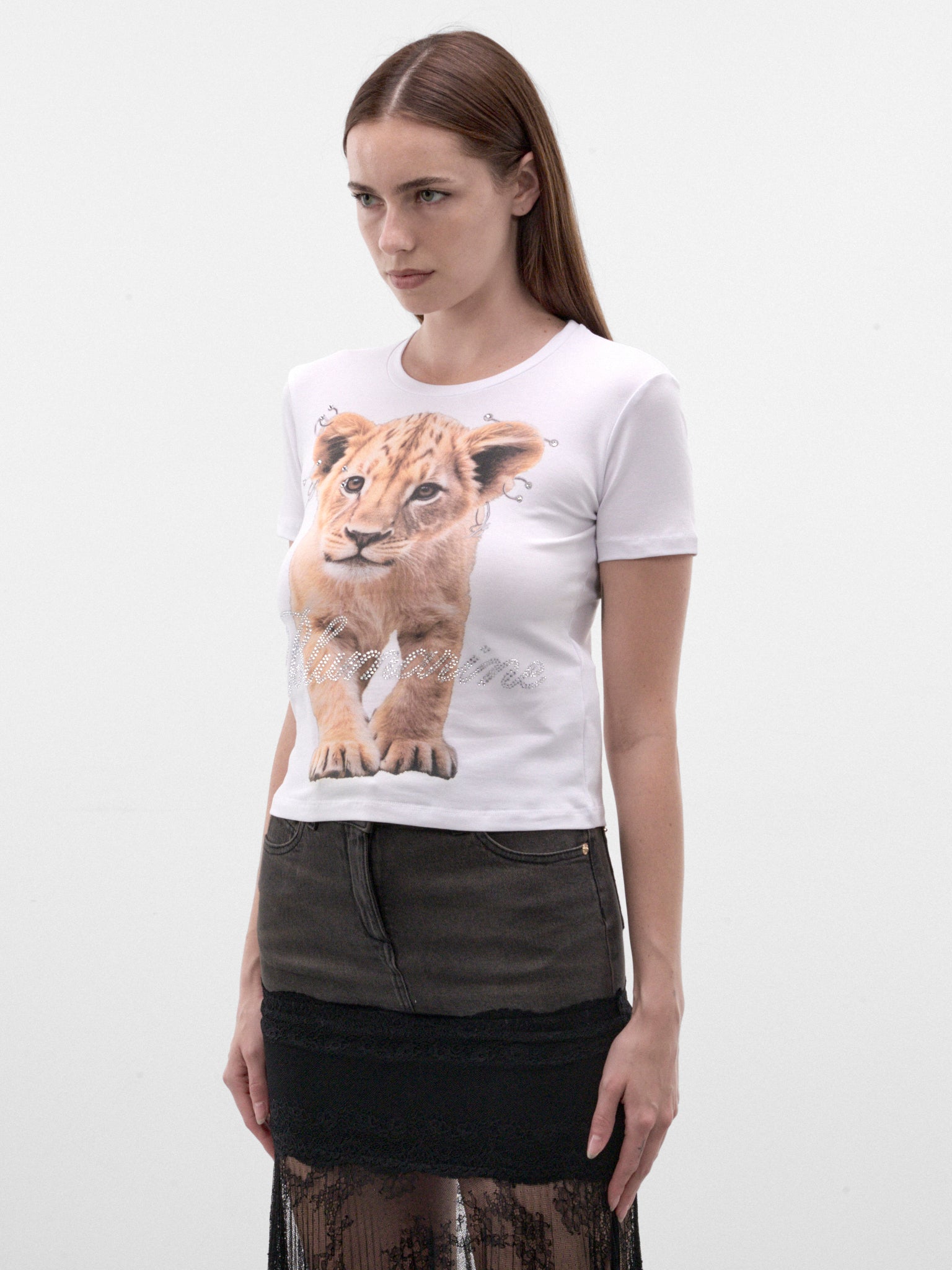 White Rhinestone Logo Lion Tee (RF6115-J50US-WHITE)