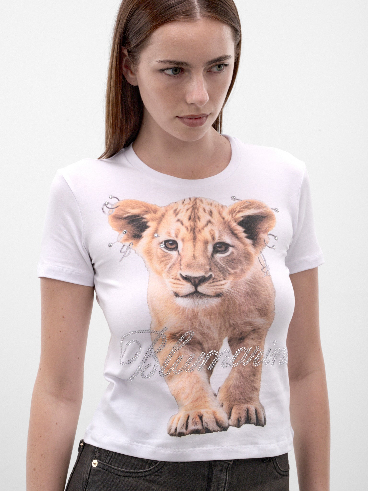 White Rhinestone Logo Lion Tee (RF6115-J50US-WHITE)