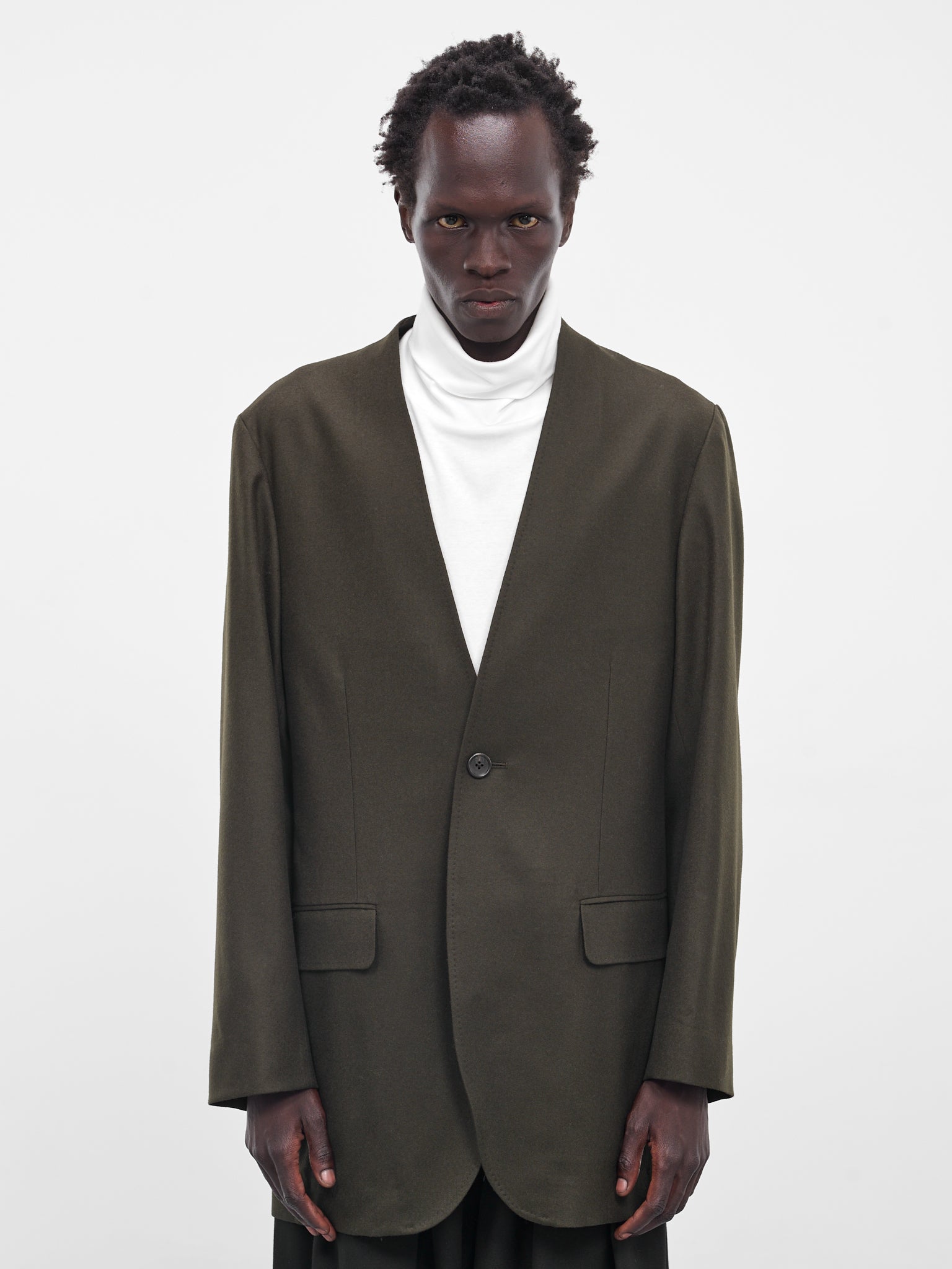 Dark Olive Lapelless Wool Blazer (RM252-035-DARK-OLIVE)