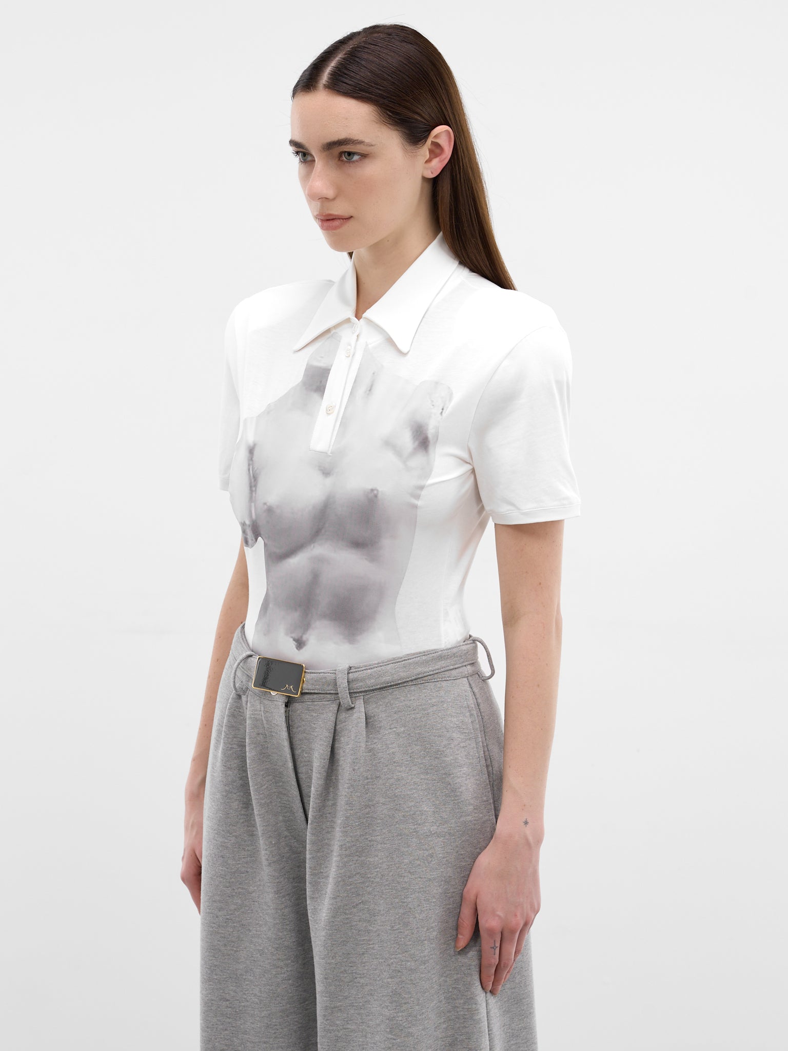 White Printed Shoulder Pads Bodysuit (RR-J138-WHITE-GREY-BUST)