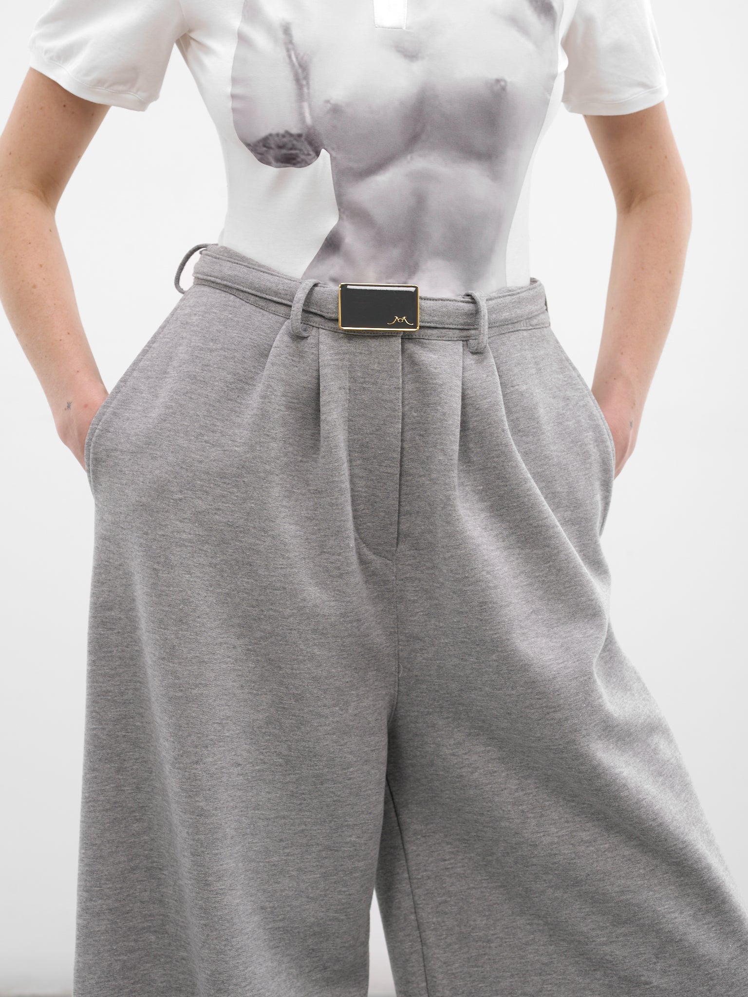 Gray Cotton Belted Pleated Sweatpants (RR-J46-GREY)