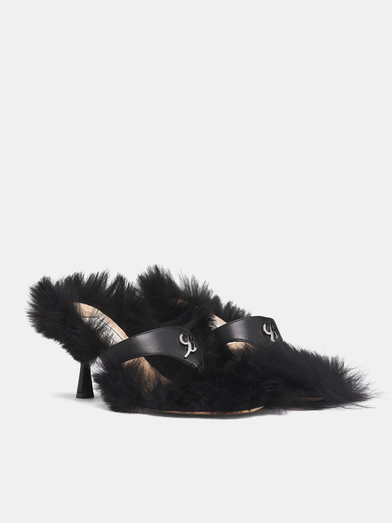 Black Lamb Fur Heeled Sandals (RR096A-BLACK)