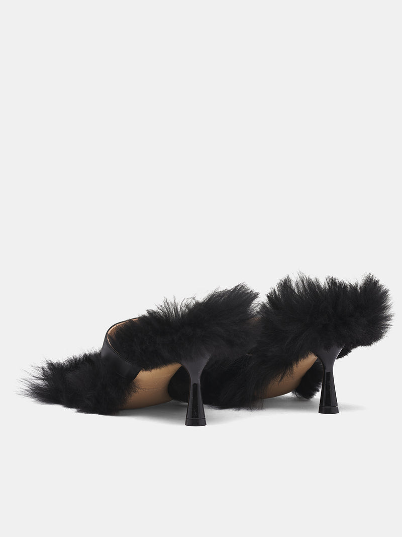 Black Lamb Fur Heeled Sandals (RR096A-BLACK)
