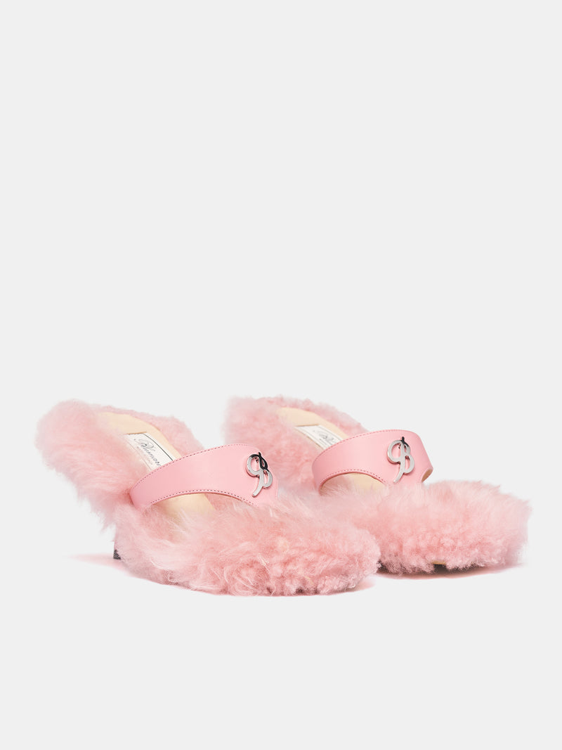 Pink Goat Fur Heeled Sandals (RR116A-SILVER-PINK)