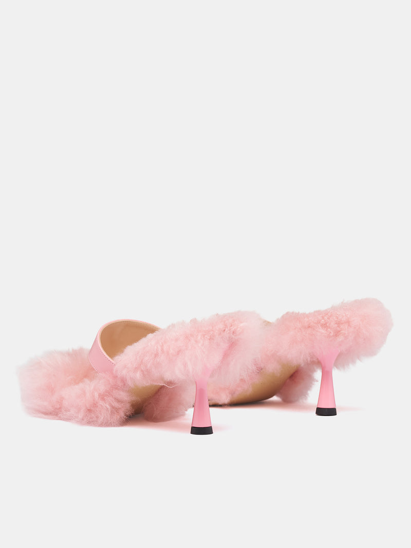 Pink Goat Fur Heeled Sandals (RR116A-SILVER-PINK)