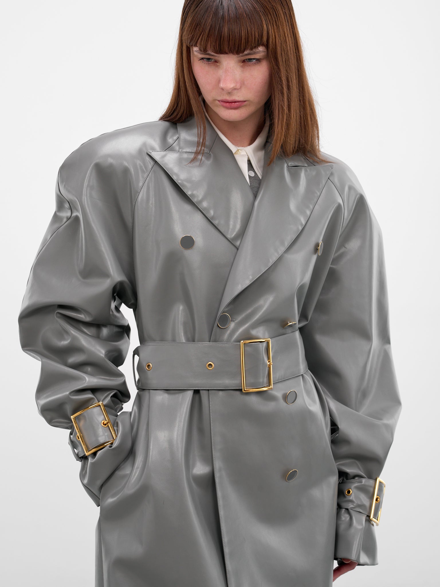 Gray Eco Leather Oversized Trench Coat (RR164-GREY)