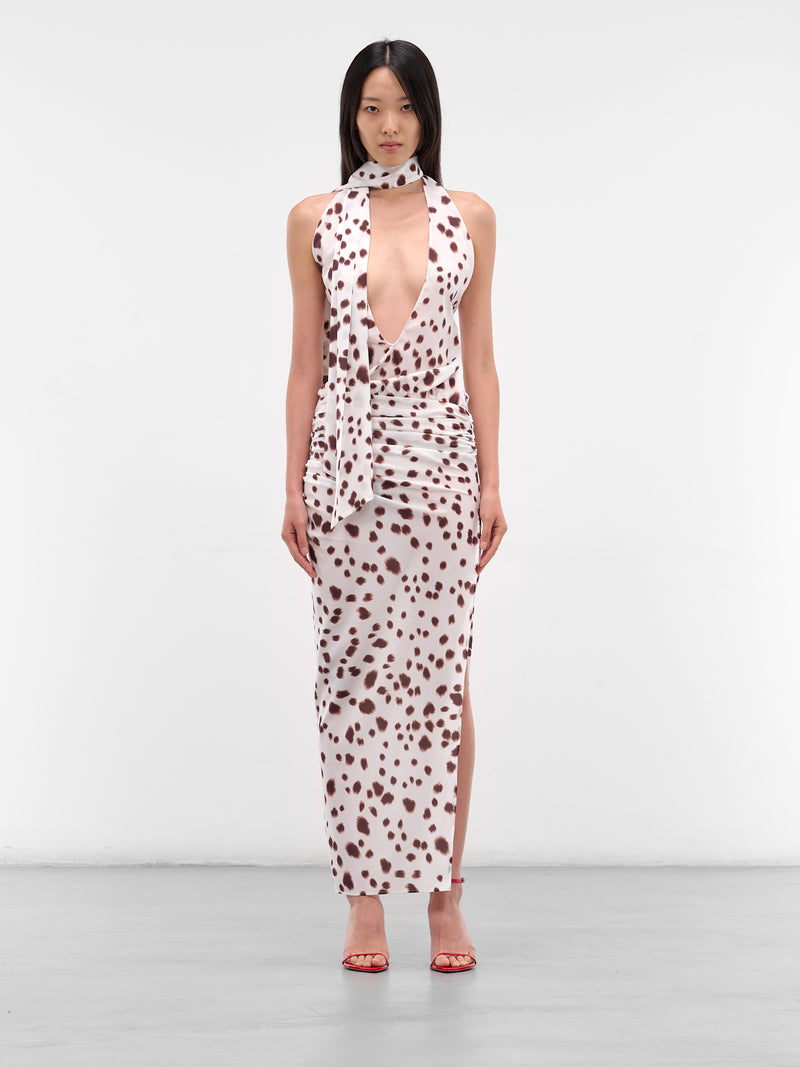 White Dalmatian Halter Maxi Dress (RR414-BROWN-DALMATIAN)