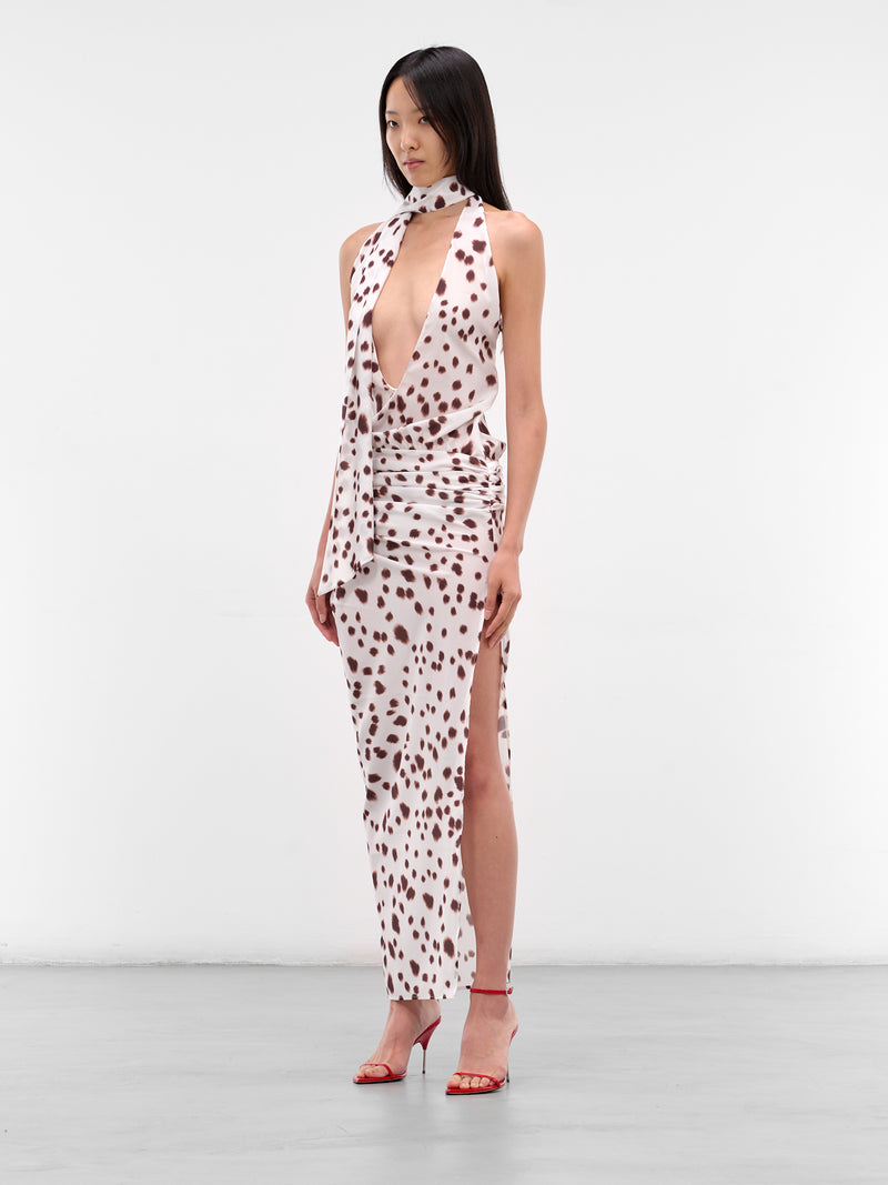 White Dalmatian Halter Maxi Dress (RR414-BROWN-DALMATIAN)