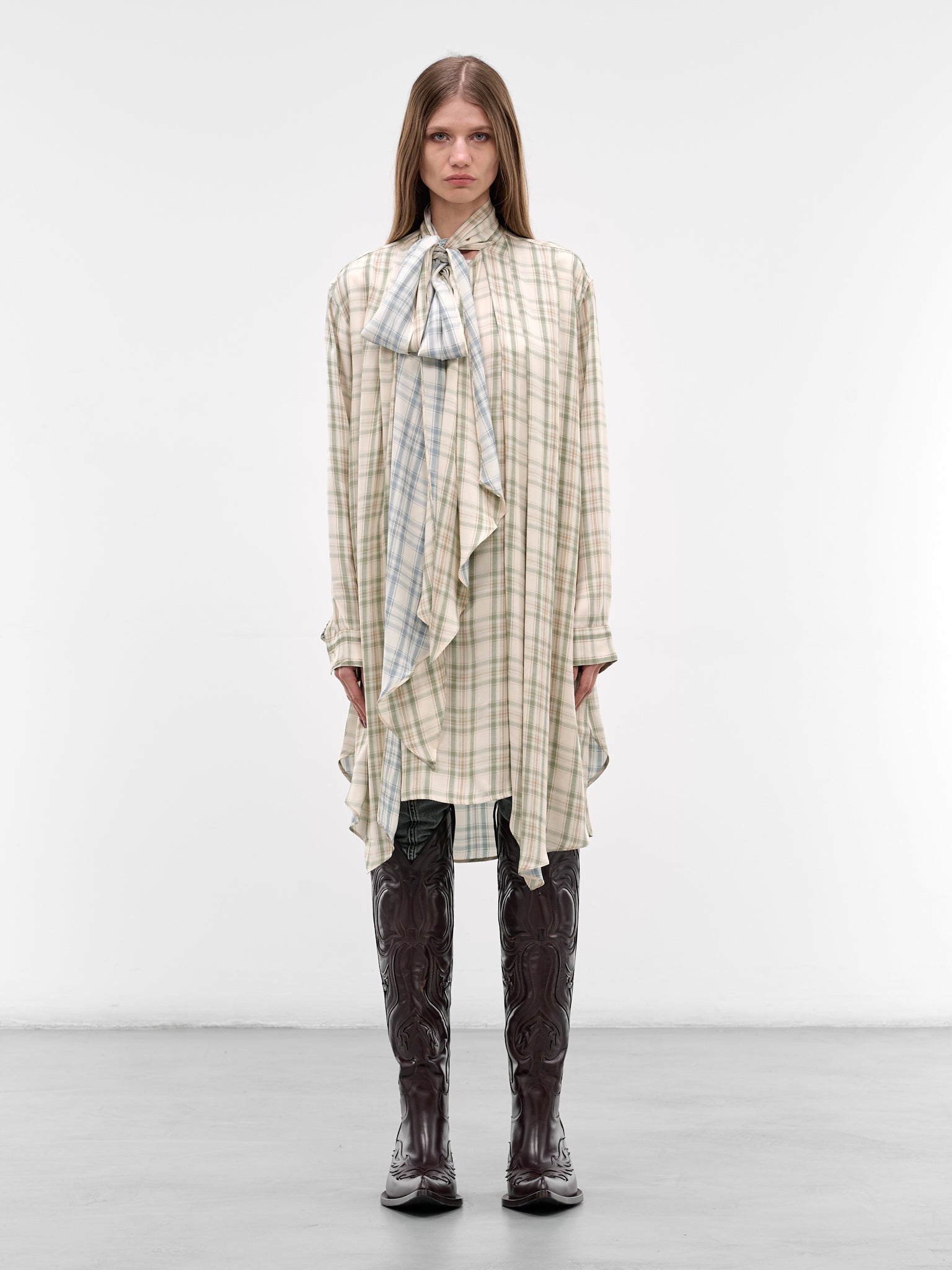 Check Layered Tunic Scarf Dress (RW-WN-DRES000008-GREEN-BLUE)
