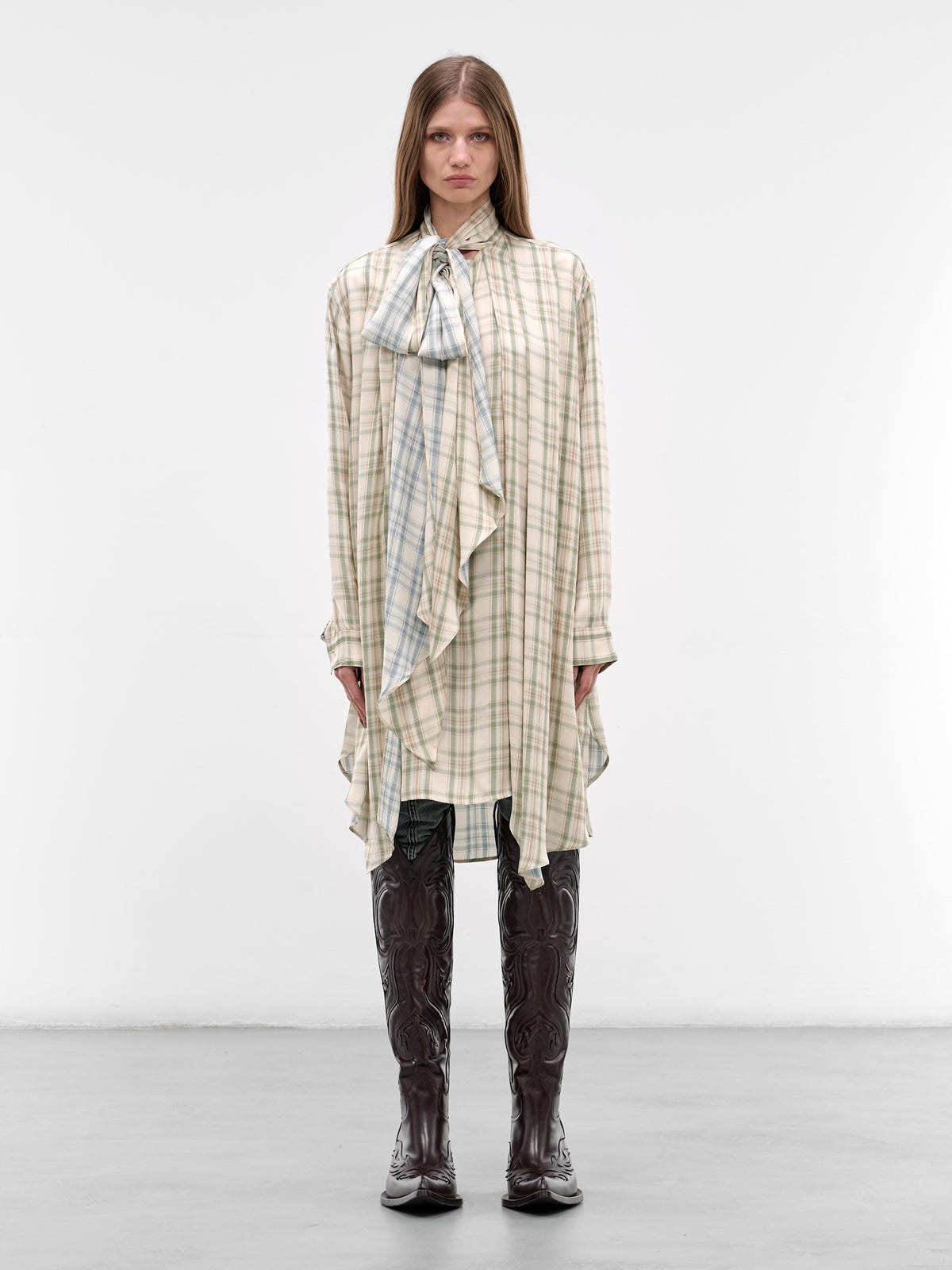 Check Layered Tunic Scarf Dress (RW-WN-DRES000008-GREEN-BLUE)