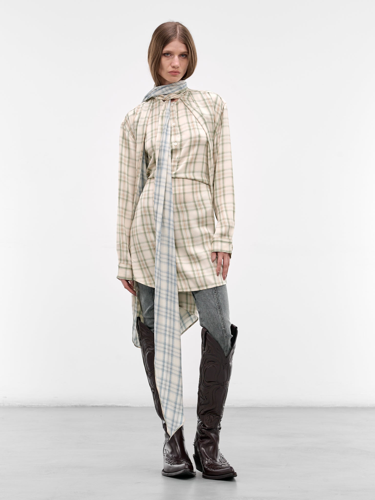 Check Layered Tunic Scarf Dress (RW-WN-DRES000008-GREEN-BLUE)