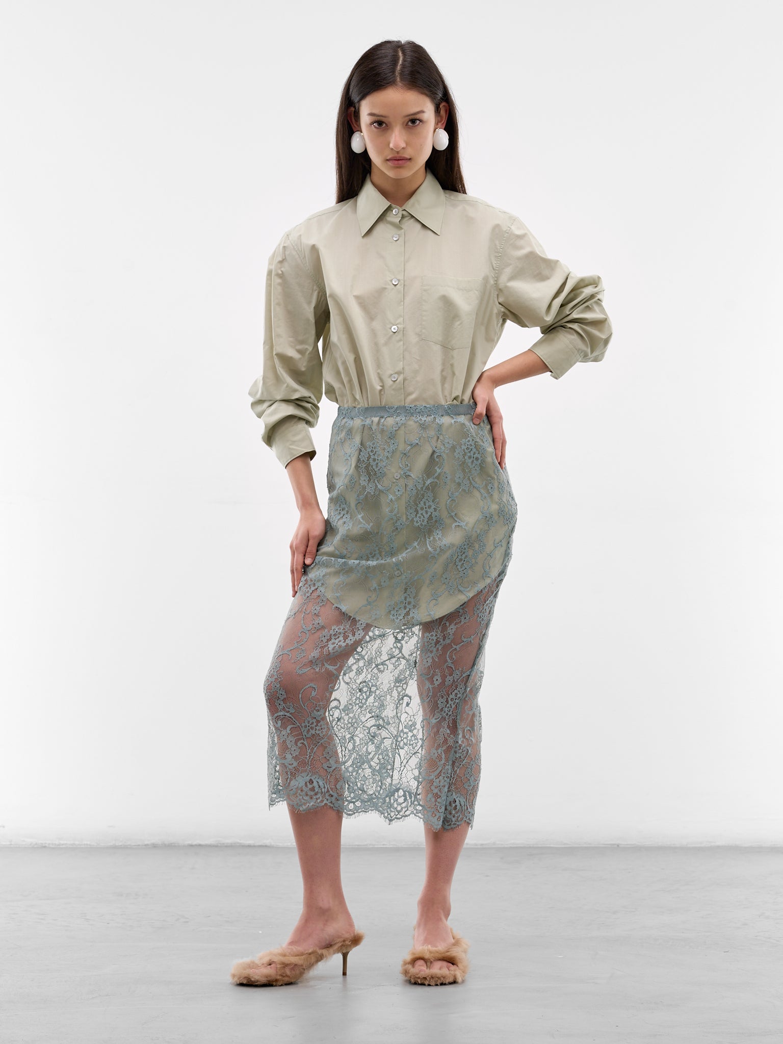 Layered Hybrid Shirt Lace Dress (RW-WN-DRES000013-EUCALYPTUS-GR)