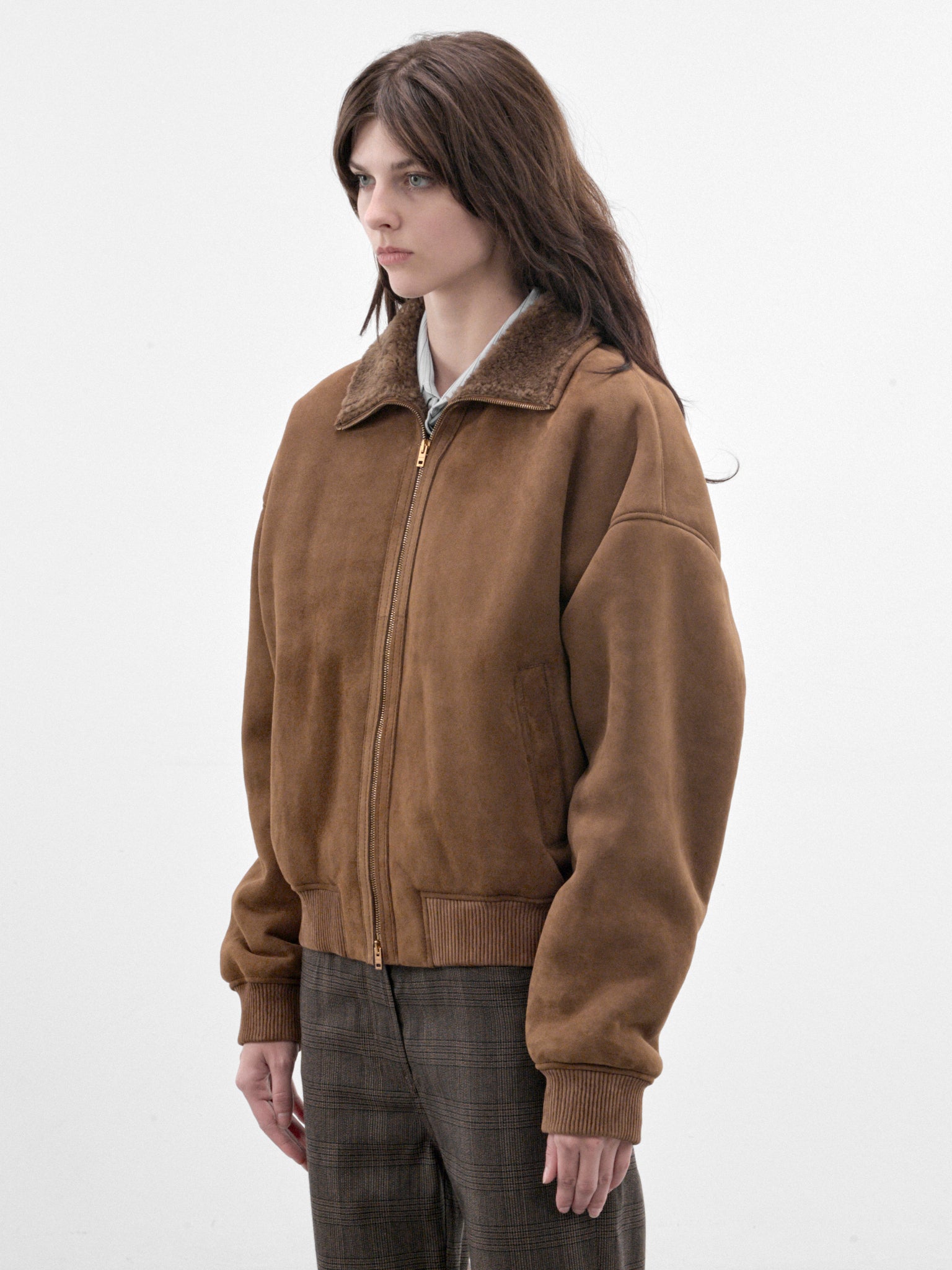Brown Leather Shearling Bomber Jacket (RW-WN-LEAT000047-CHESTNUT-BROW)