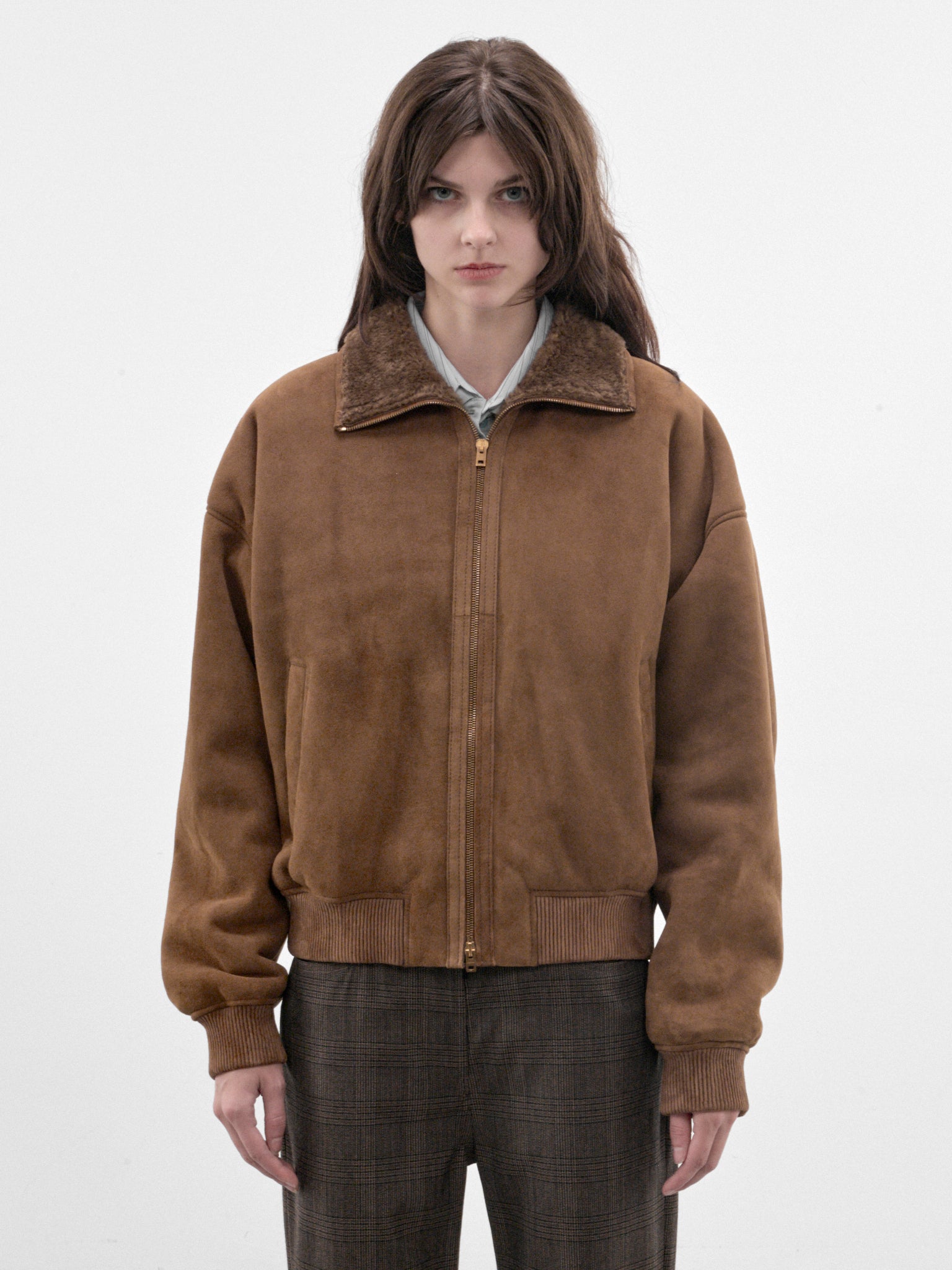 Brown Leather Shearling Bomber Jacket (RW-WN-LEAT000047-CHESTNUT-BROW)