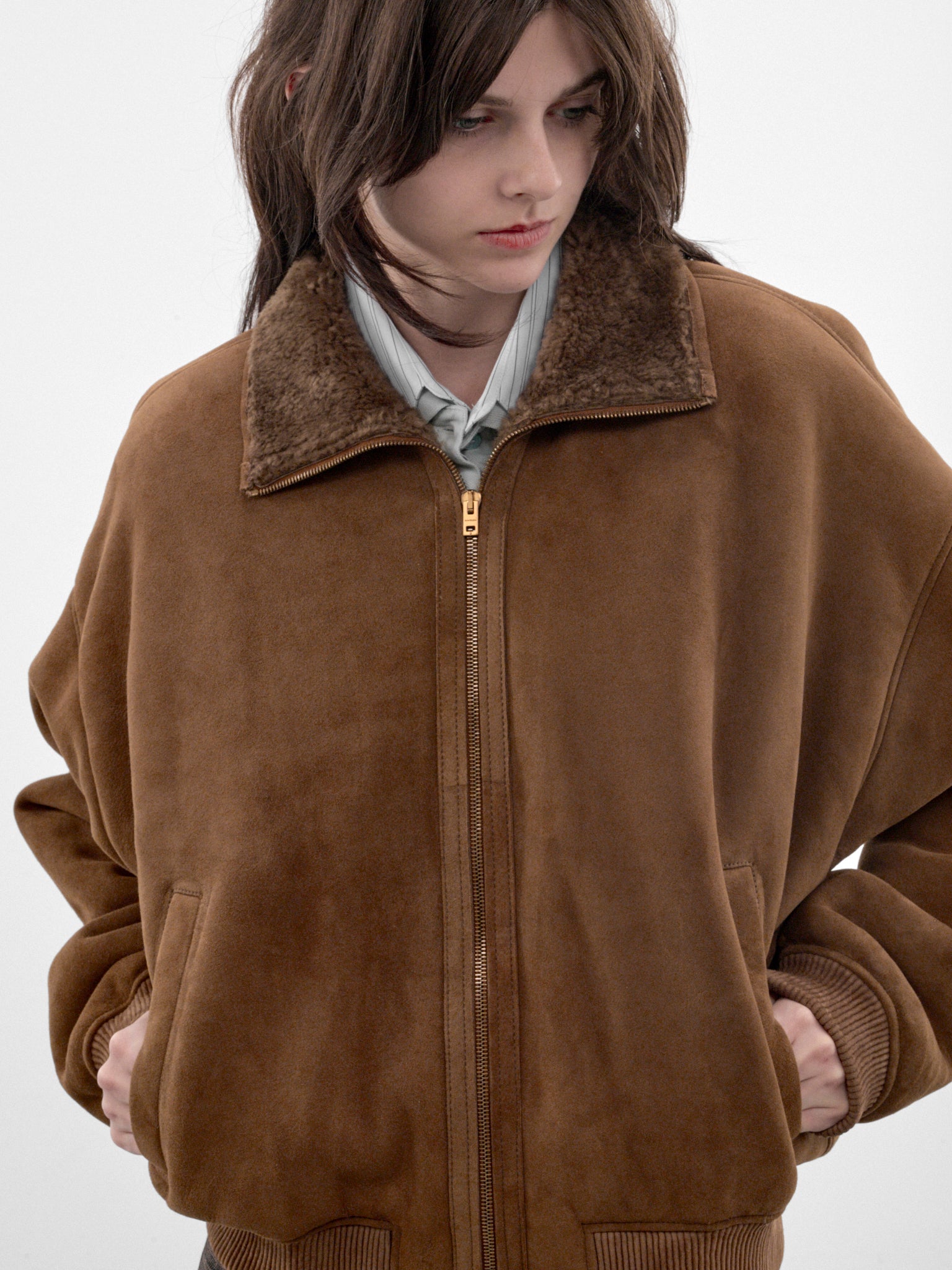 Brown Leather Shearling Bomber Jacket (RW-WN-LEAT000047-CHESTNUT-BROW)