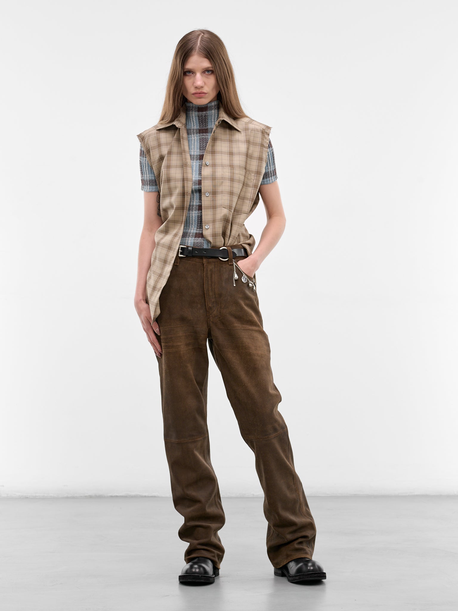 Brown Waxed Suede Elongated Pants (RW-WN-TROU000043-COFFEE-BROWN)